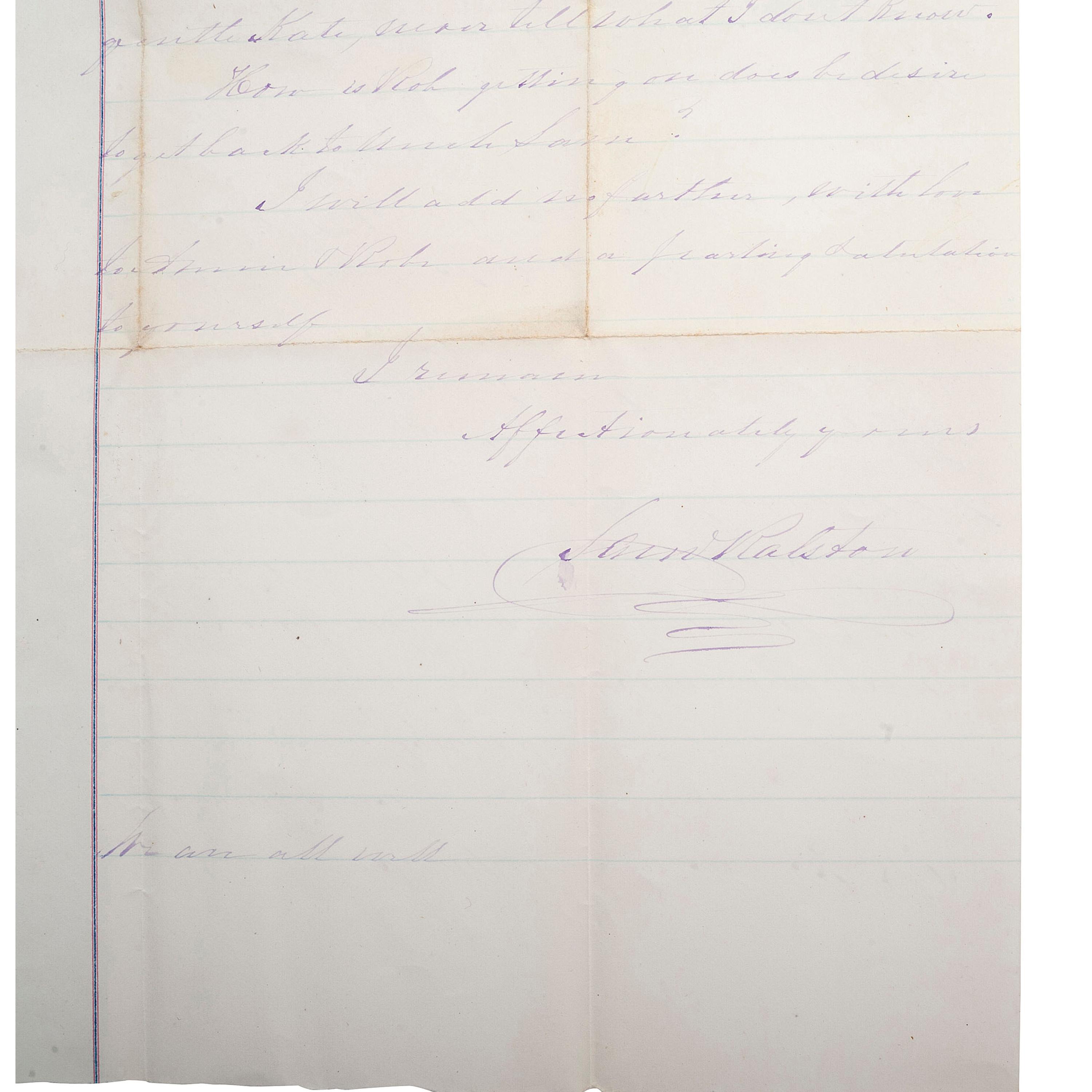 [OUTLAWS & LAWMEN]. A group of 4 items, highlighted by: RALSTON, Sam (1809-1899). Autograph letter signed ("Sam Ralston") to son-in-law, Frank James. Independence, MO, 8 April 1883. 2 pages, 7 3/4 x 12 1/2 in.