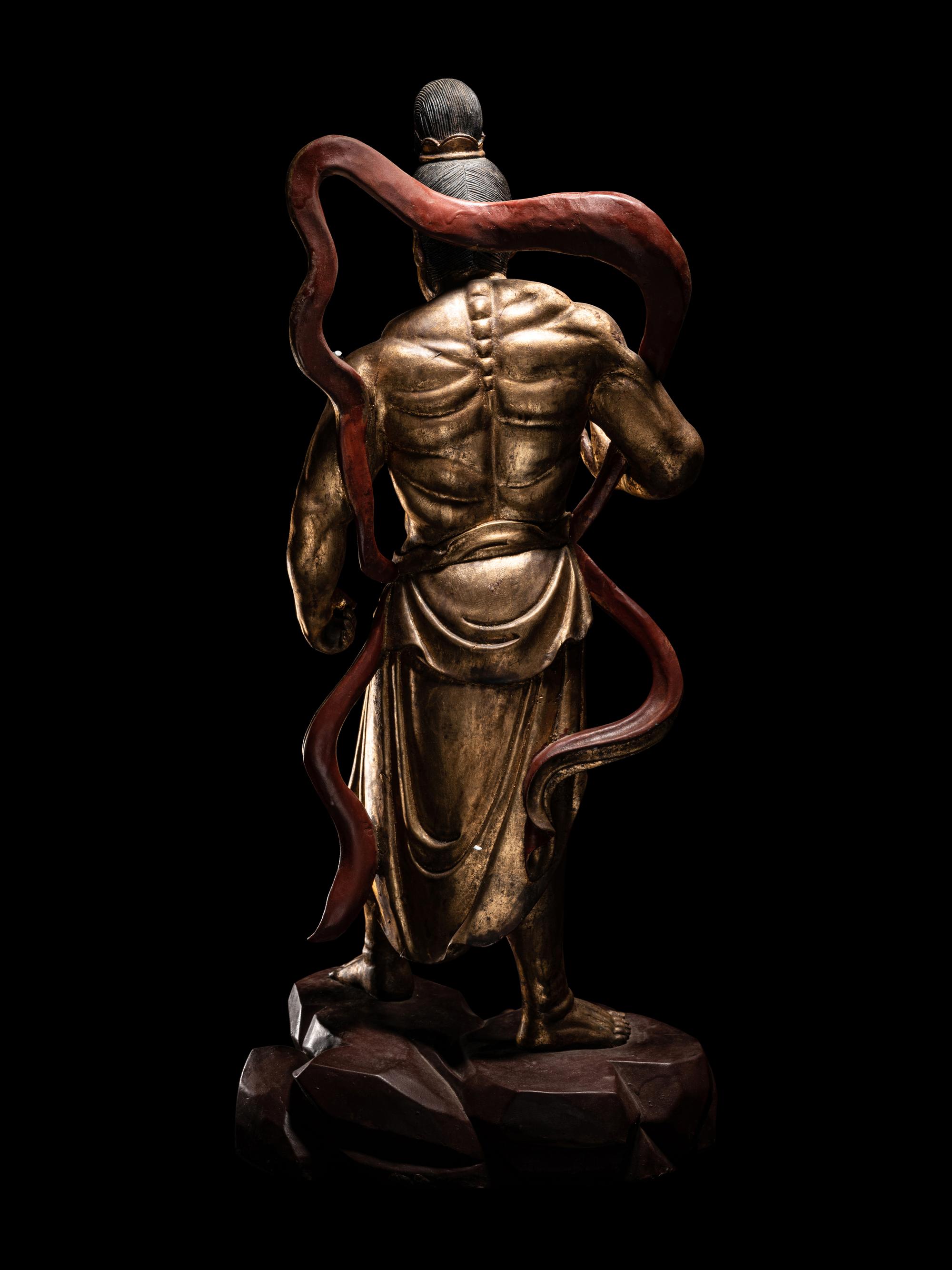 A Pair of Chinese Gilt and Red Lacquered Wood Figures of Wrathful Guardians