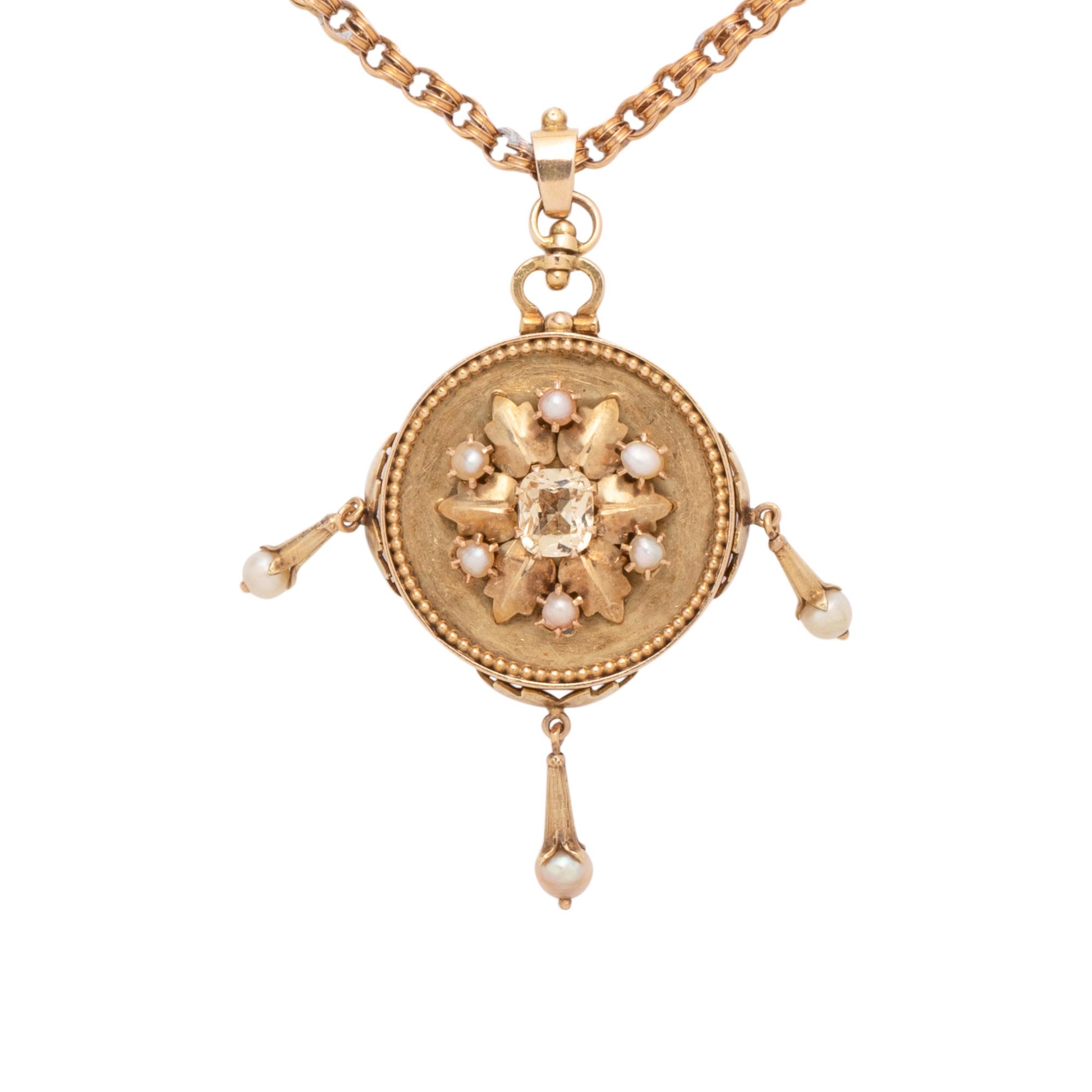 YELLOW GOLD, TOPAZ, PEARL AND PORTRAIT NECKLACE