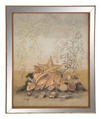 A Reverse-Painted Glass Shell Still Life Picture in a Mirrored Frame