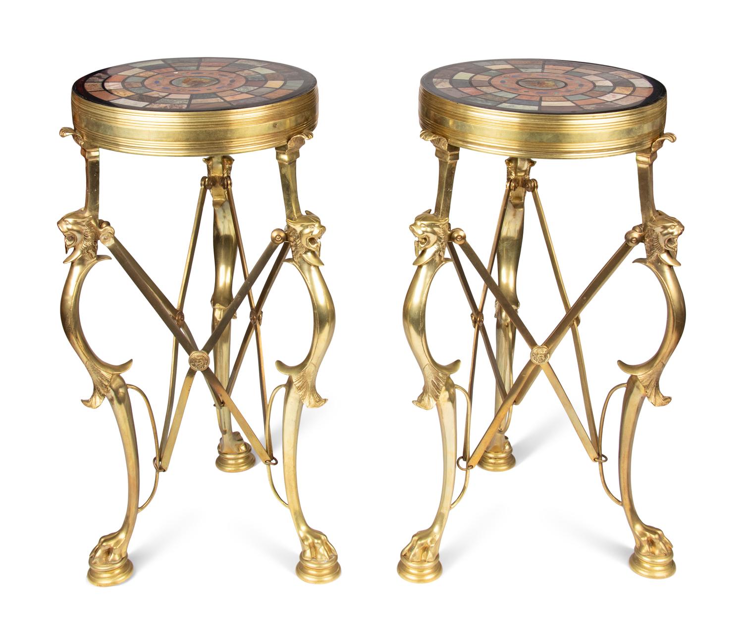 A Pair of Italian Grand Tour Style Pietra Dura and Micromosaic Inset Gilt Bronze Gu é ridons