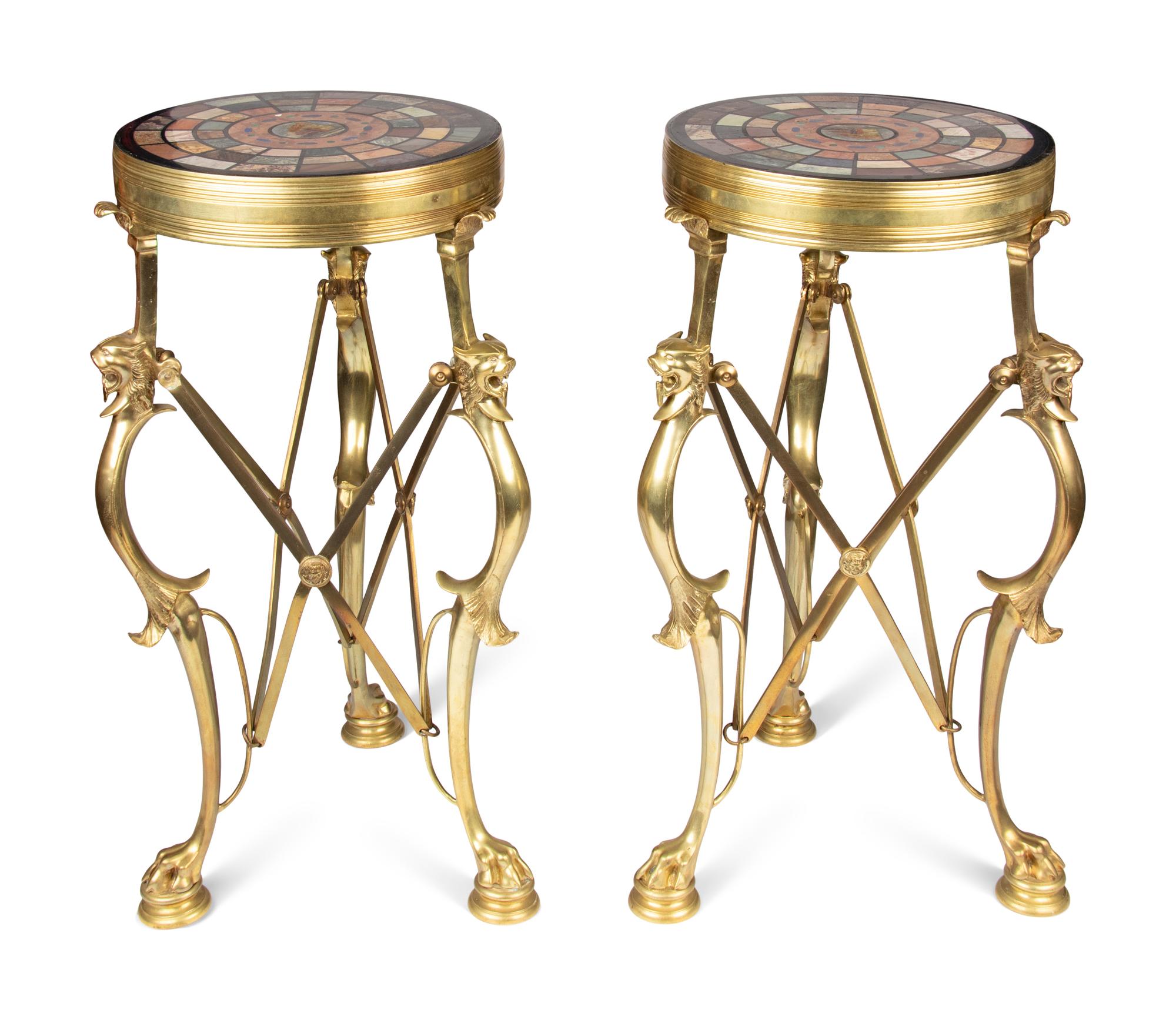 A Pair of Italian Grand Tour Style Pietra Dura and Micromosaic Inset Gilt Bronze Gu é ridons