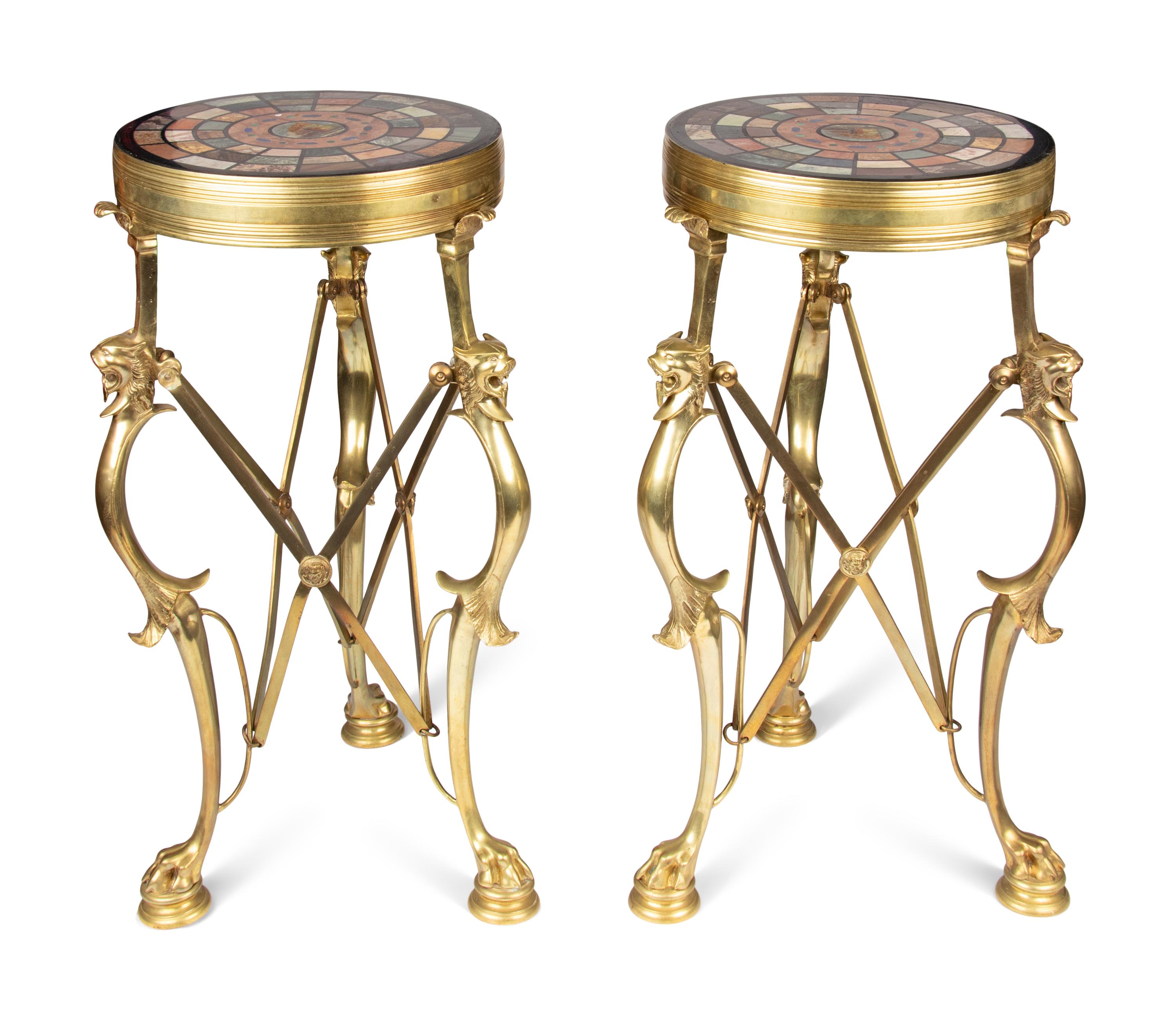 A Pair of Italian Grand Tour Style Pietra Dura and Micromosaic Inset Gilt Bronze Gu é ridons