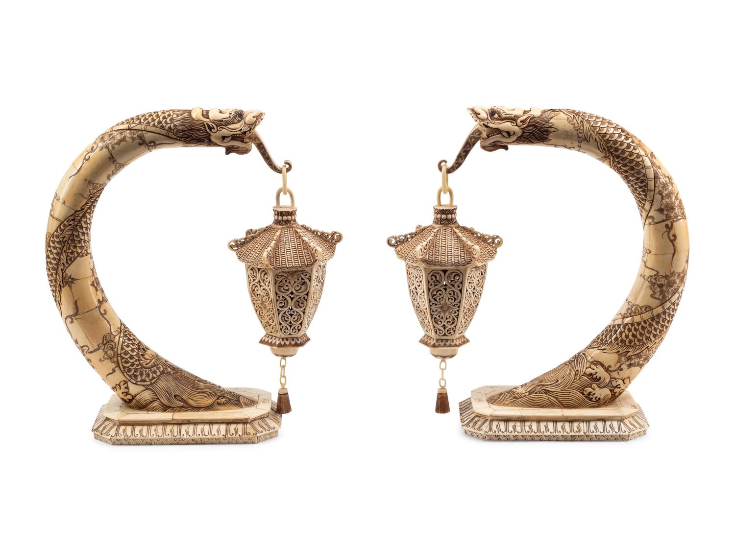A Pair of Chinese Bone-Veneered Lantern Ornaments