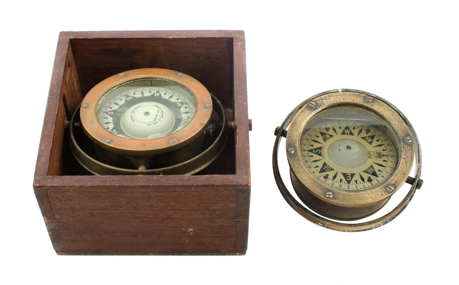 Two English Brass Cased Ship's Compasses Diameter of larger 5 1/2 inches. — SESTREL, LONDON, LATE 19TH/EARLY 20TH CENTURY