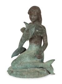 A Chinese Bronze Sculpture of a Mermaid with Dolphin