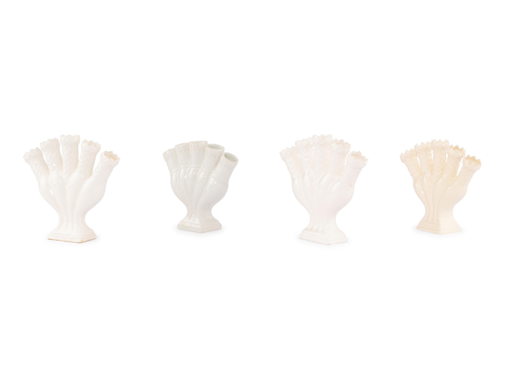 Four White Glazed Ceramic Tulip Vases