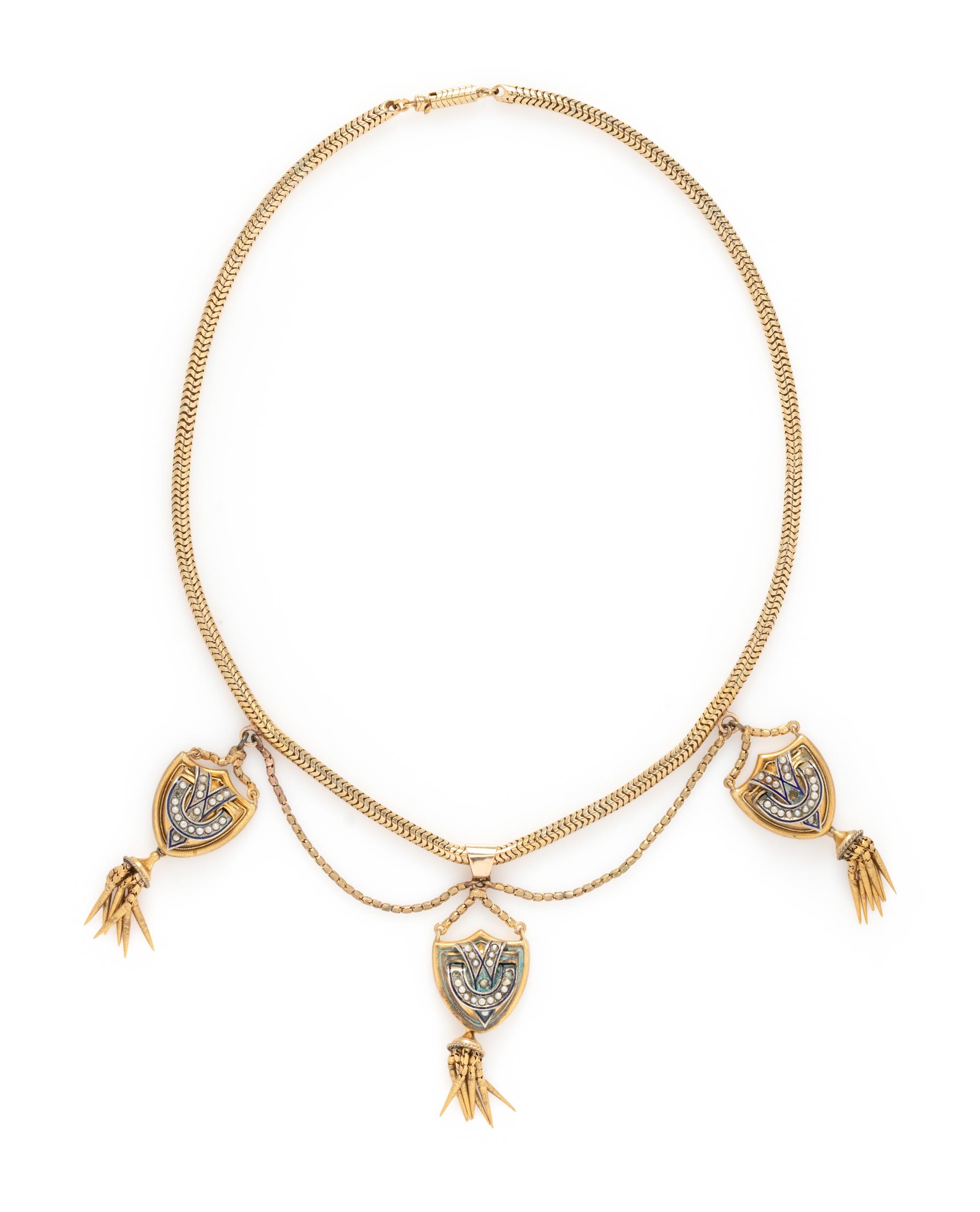 VICTORIAN, SEED PEARL AND ENAMEL FESTOON NECKLACE