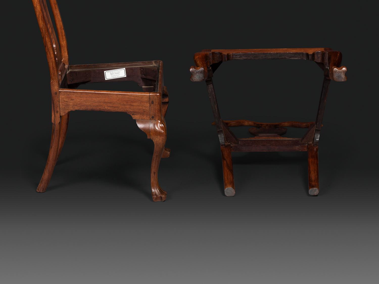 A Pair of Queen Anne Carved Walnut Trifid Foot Side Chairs