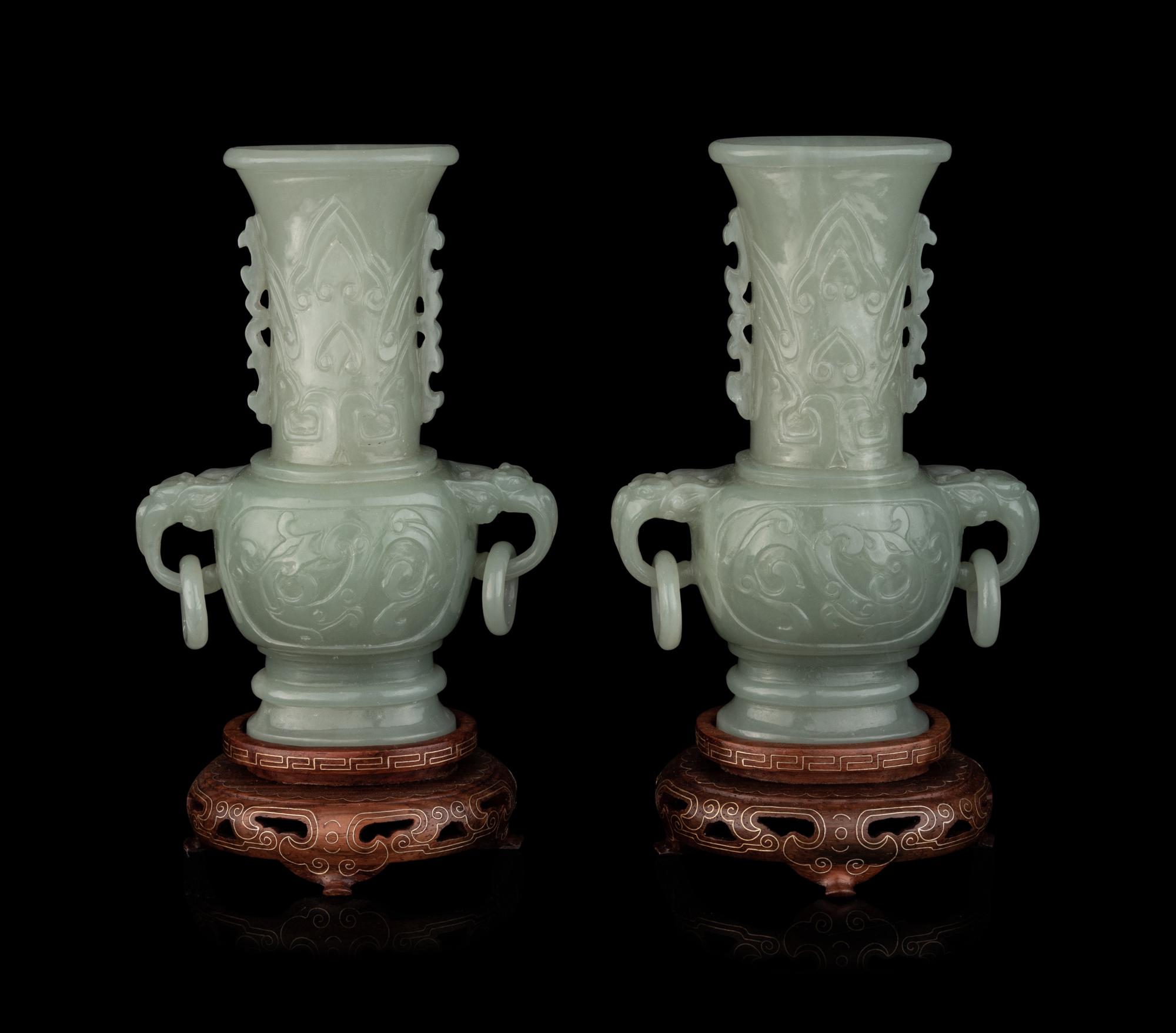 A Pair of Chinese Nephrite Double-Handle Vases