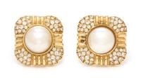 A Pair of 14 Karat Yellow Gold, Mabe Pearl and Diamond Earclips, 11.60 dwts.