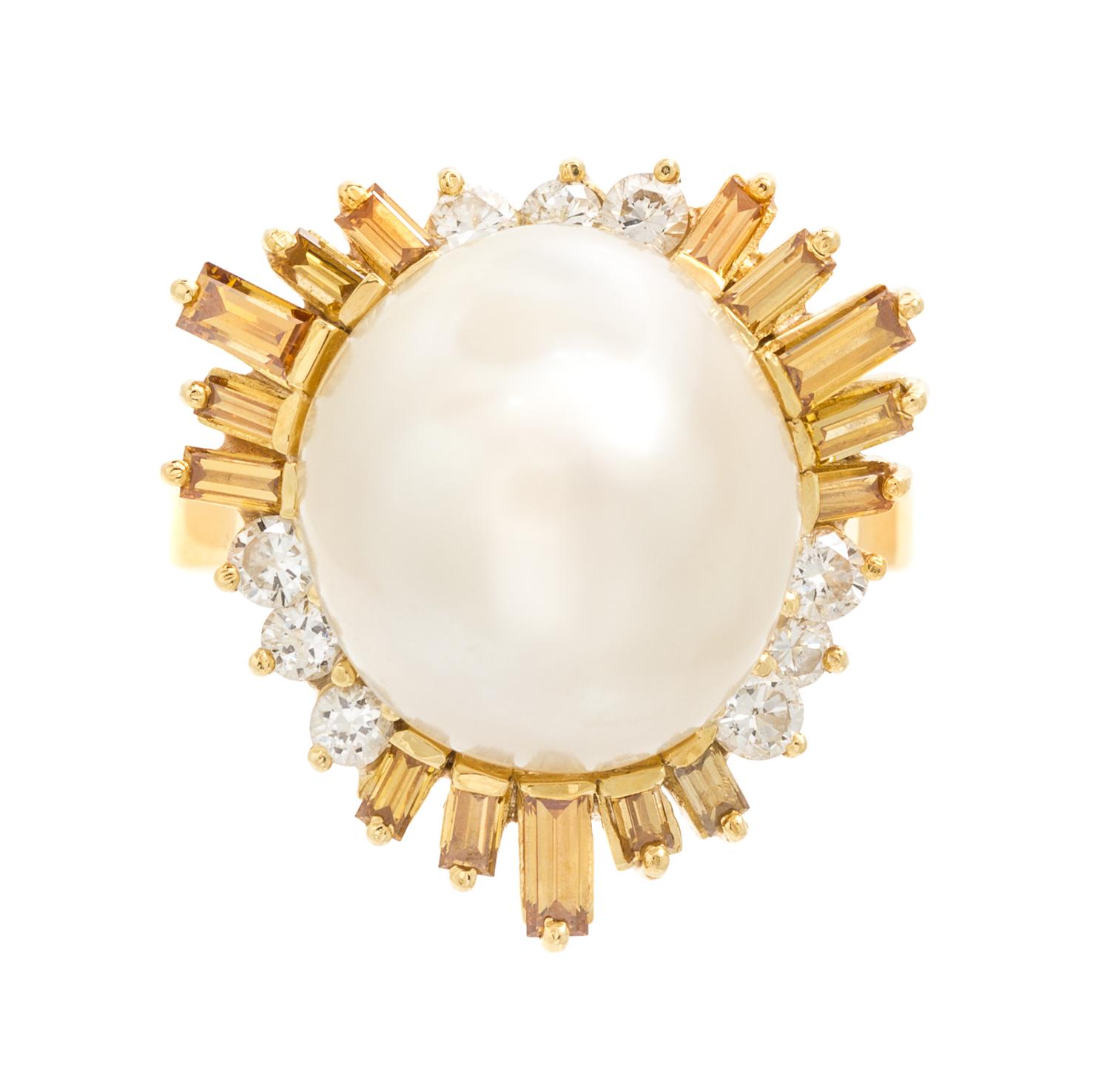 An 18 Karat Yellow Gold, Cultured Pearl, Colored Diamond and Diamond Ring, 9.10 dwts.