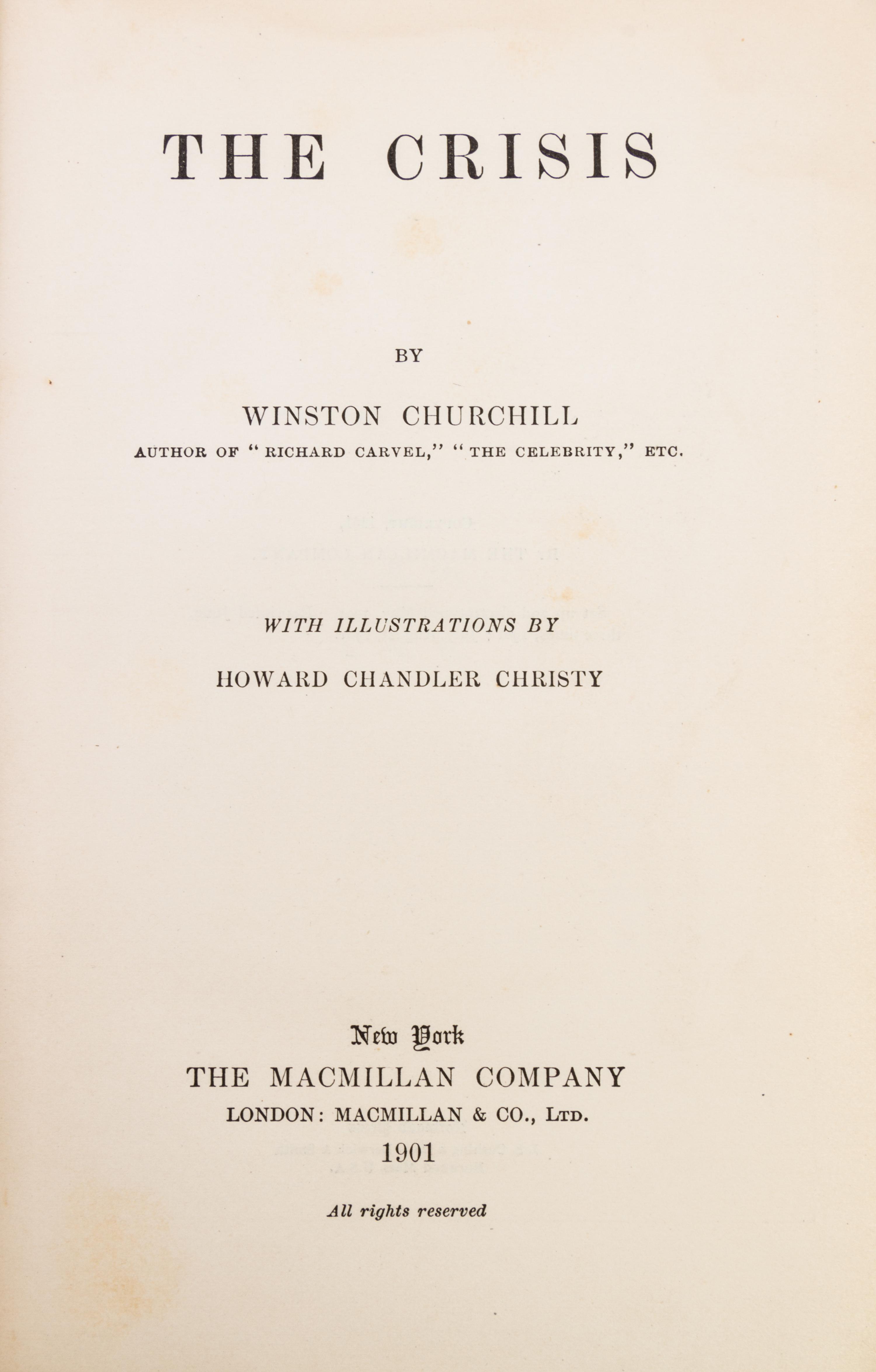 CHURCHILL, WINSTON. 3 books: My African Journey. Lond, 1908. 1st ed. London to Ladysmith... Lond, 1900. The Crisis. NY, 1901. 1st ed