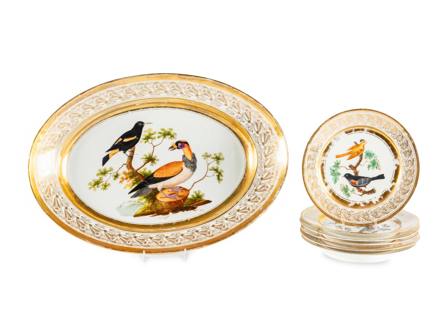 French Painted and Parcel Gilt Porcelain Bird Service