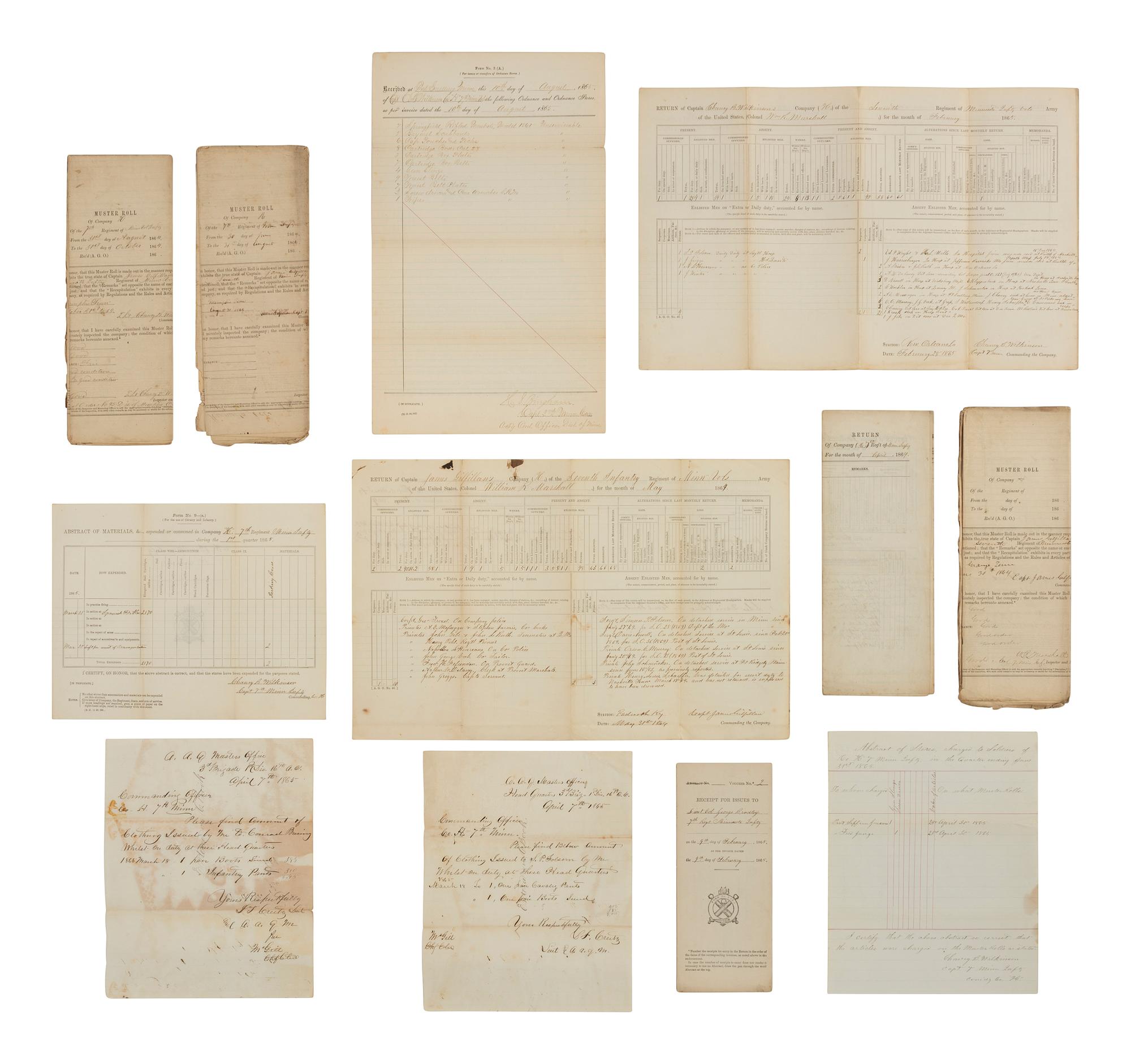 [CIVIL WAR]. Archive of documents from Co. H, 7th Minnesota Infantry, including muster rolls, returns, and more, ca 1864-1865.