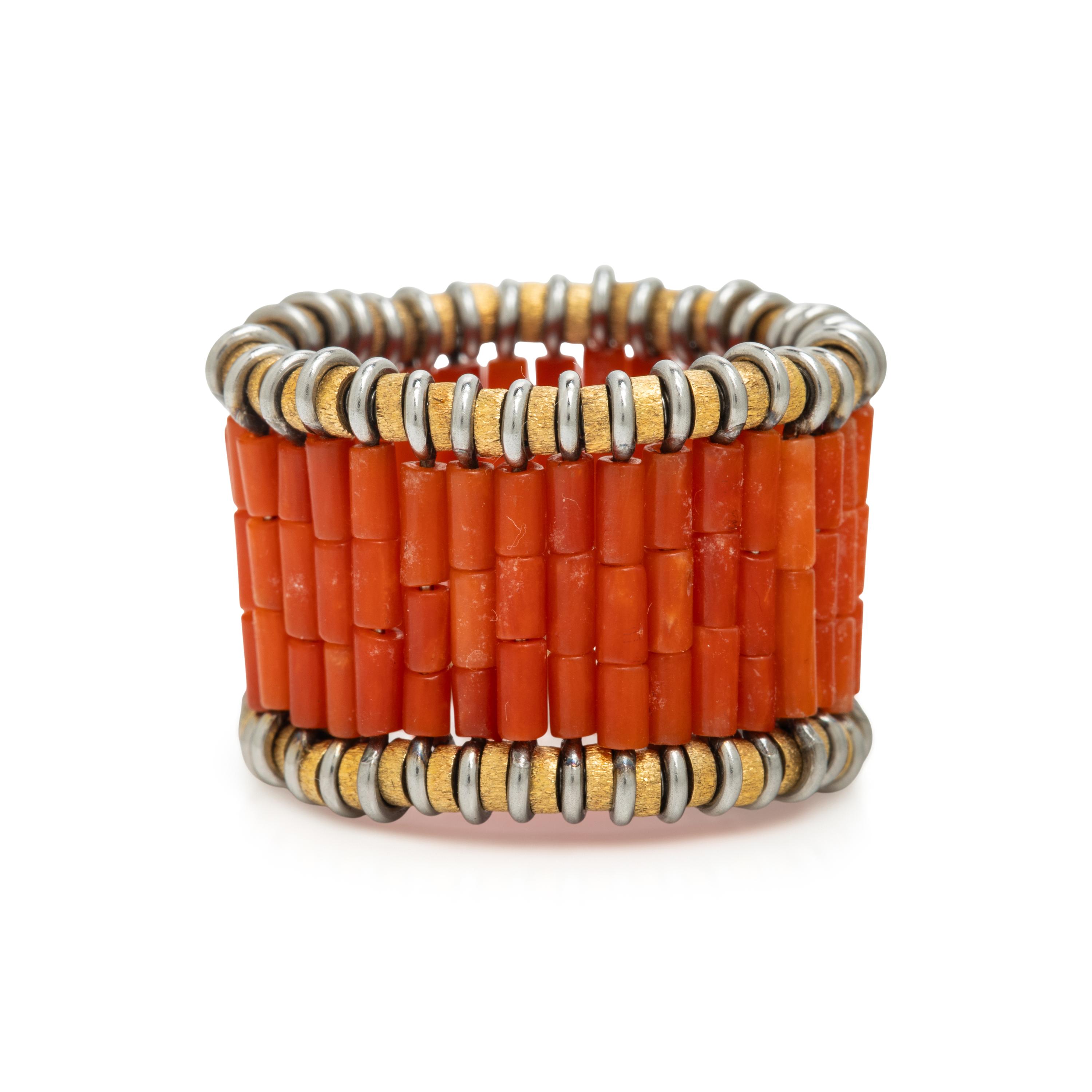 Coral and Yellow Gold Flexible Ring