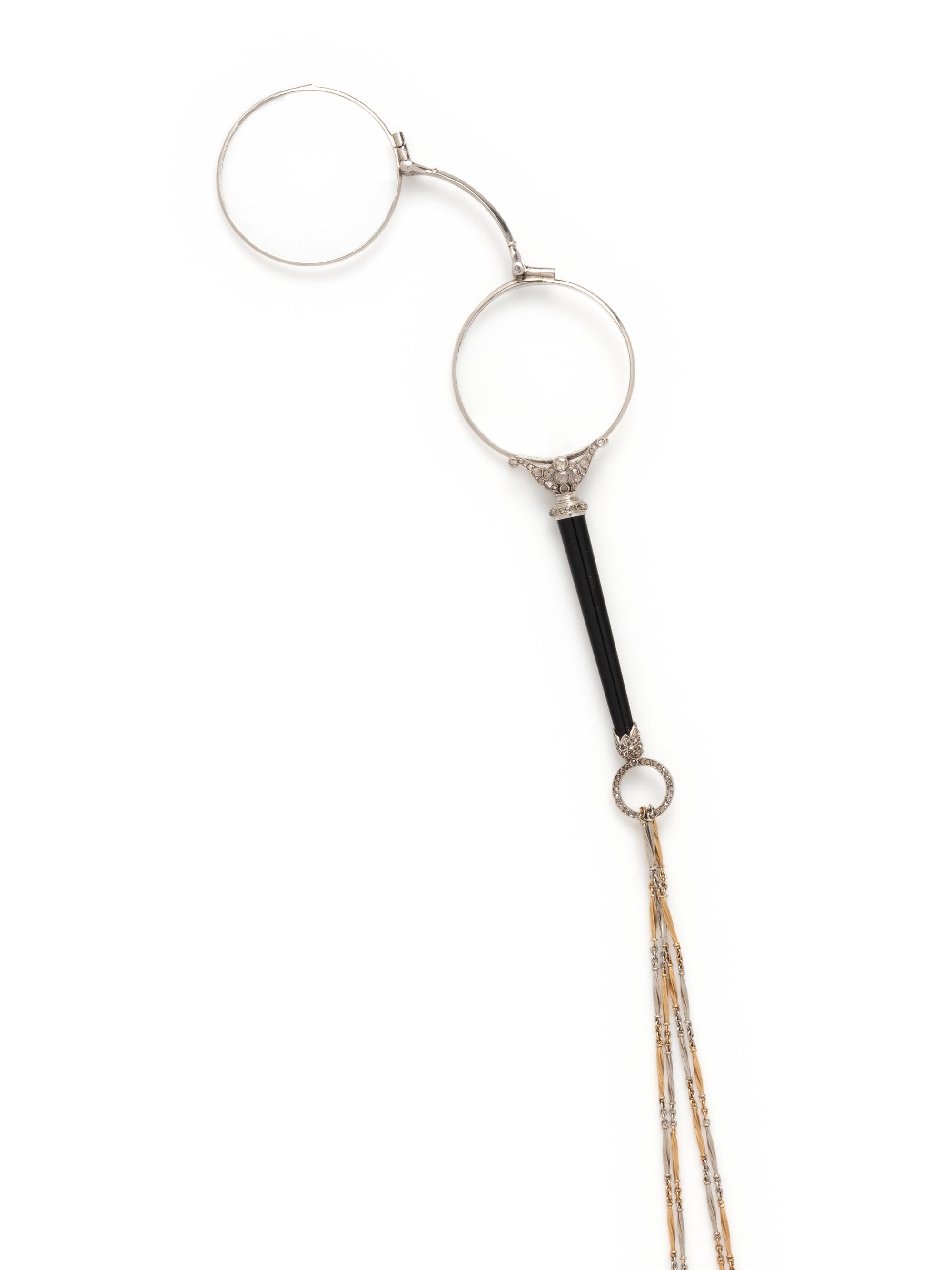 FRENCH, ANTIQUE, PLATINUM, DIAMOND AND ONYX LORGNETTE