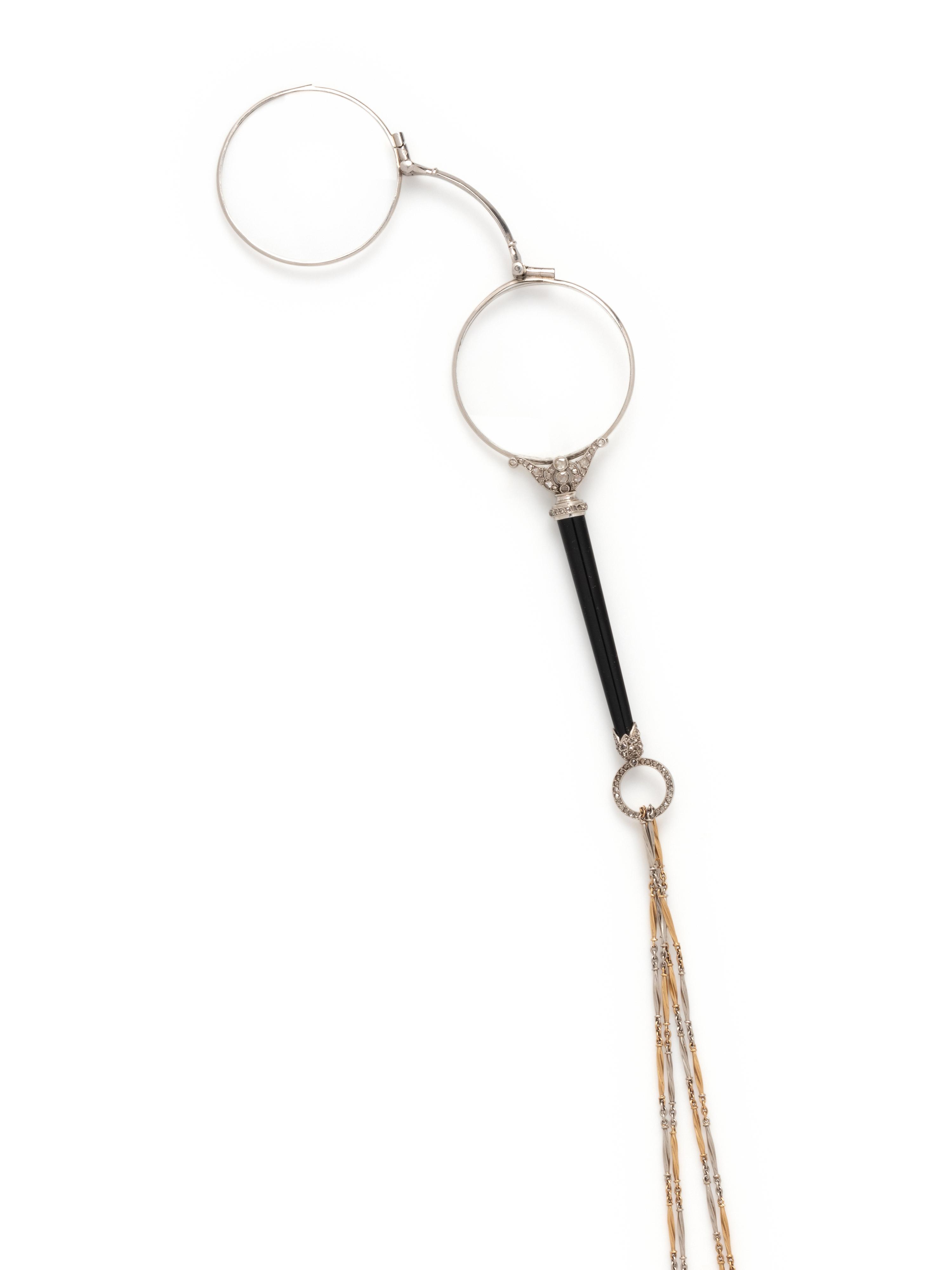 FRENCH, ANTIQUE, PLATINUM, DIAMOND AND ONYX LORGNETTE