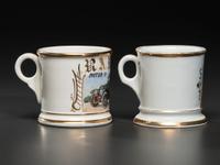 Two Shaving Mugs Depicting an Open Touring Automobile and a Coupe