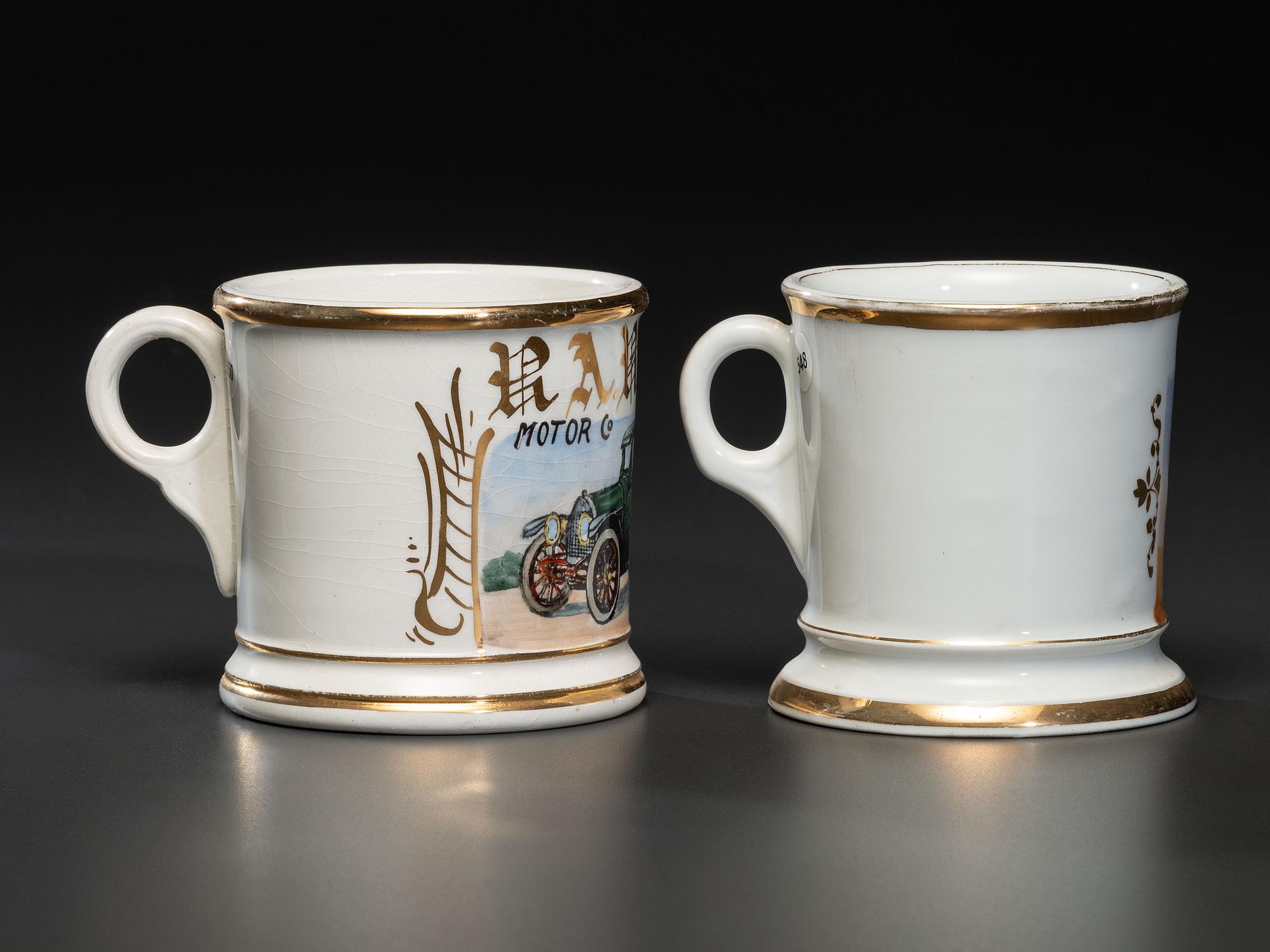 Two Shaving Mugs Depicting an Open Touring Automobile and a Coupe