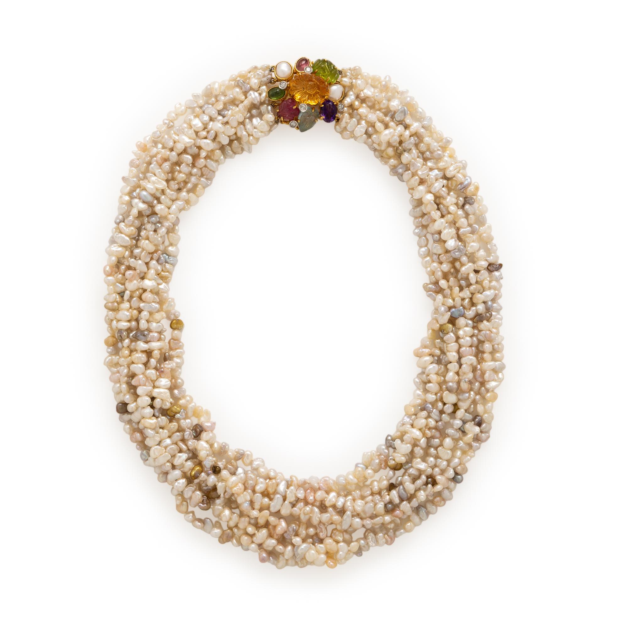 Multistrand Keshi Pearl, Yellow Gold, and Multigem Convertible Necklace