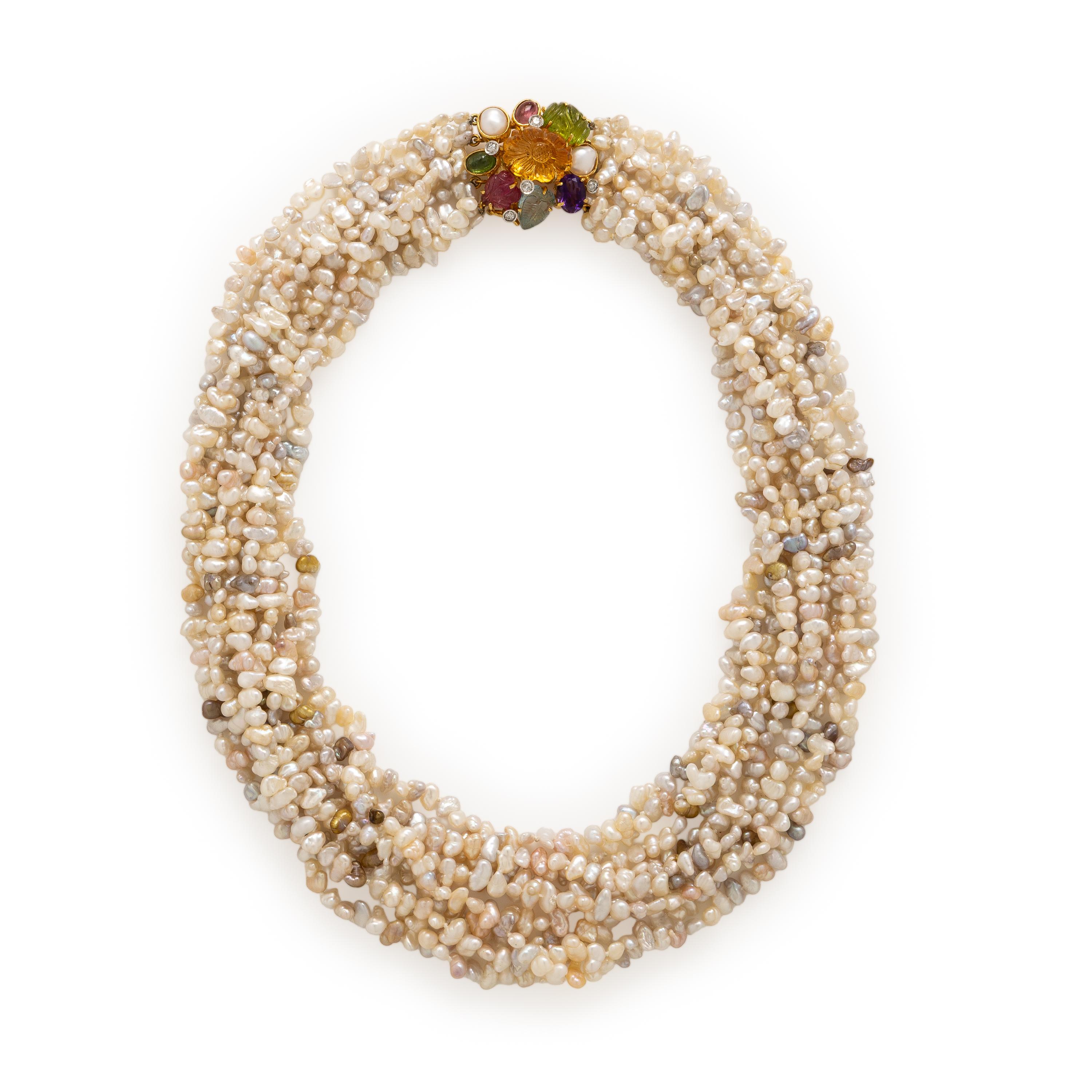 Multistrand Keshi Pearl, Yellow Gold, and Multigem Convertible Necklace