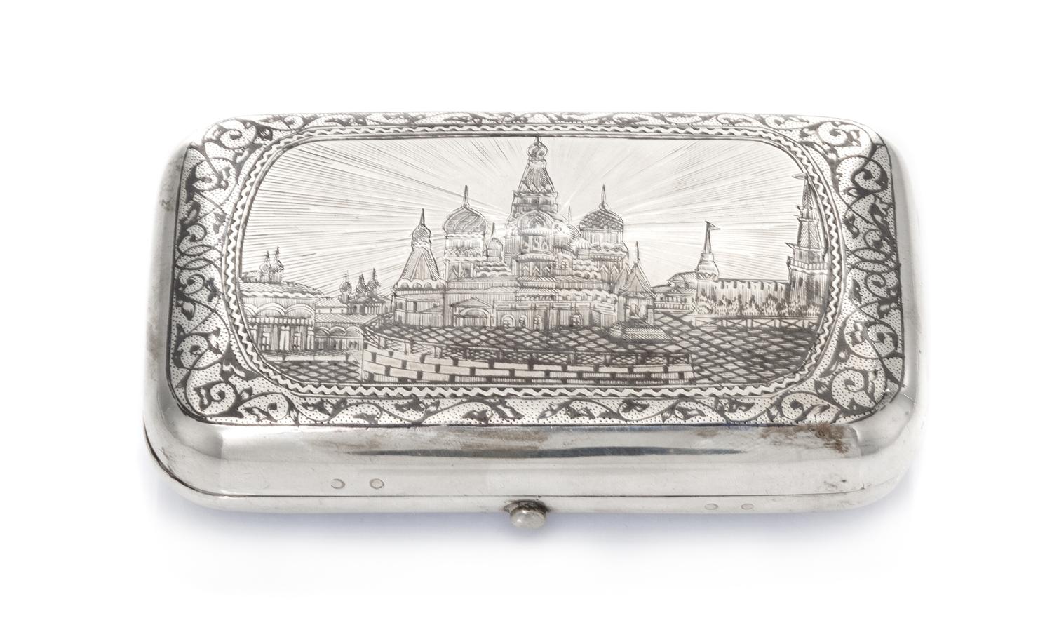A Russian Niello Silver Cigarette Case, Maker's mark obscured, assay mark of Ivan Konstantinov, Moscow, 1875, the lid decorated with a