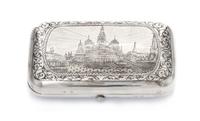 A Russian Niello Silver Cigarette Case, Maker's mark obscured, assay mark of Ivan Konstantinov, Moscow, 1875, the lid decorated with a