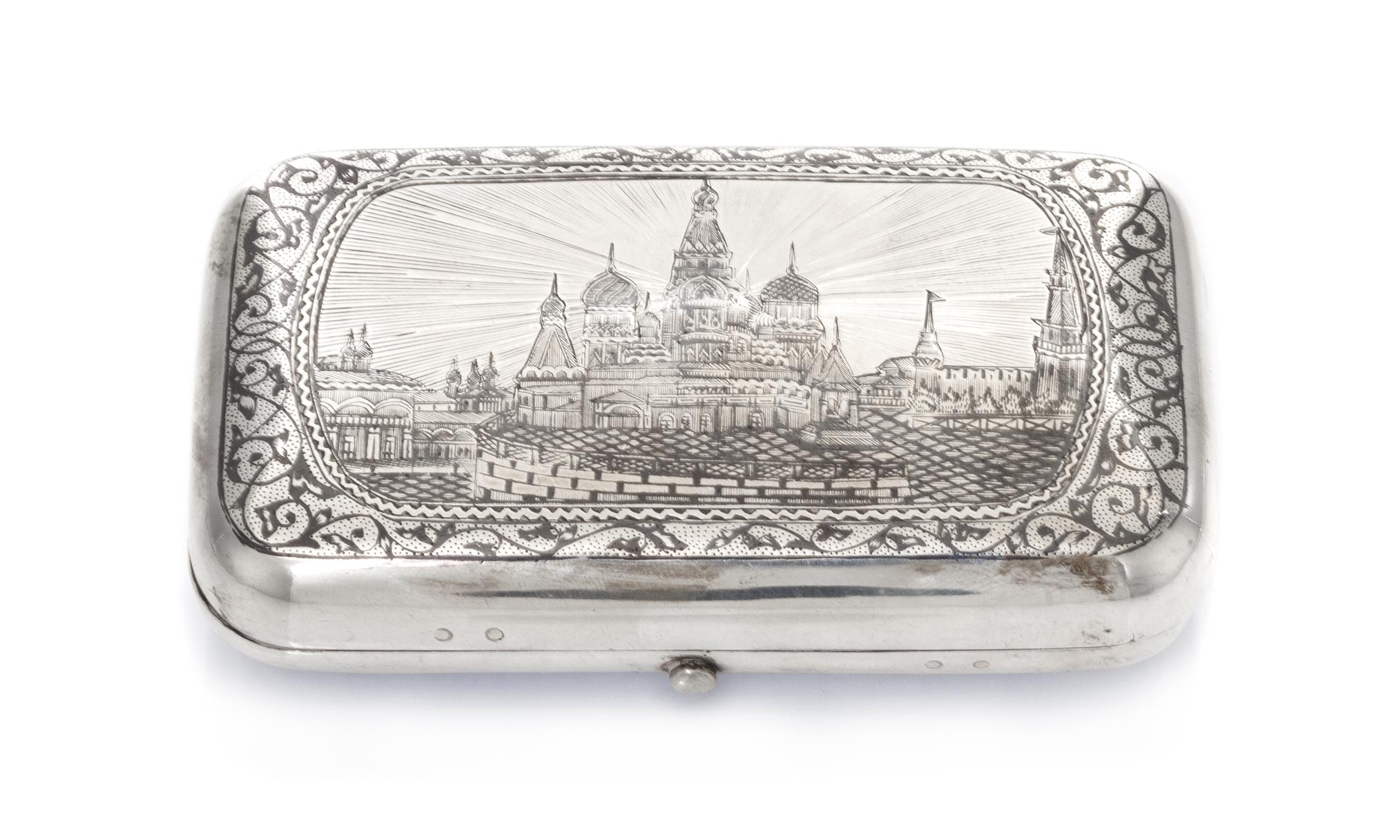 A Russian Niello Silver Cigarette Case, Maker's mark obscured, assay mark of Ivan Konstantinov, Moscow, 1875, the lid decorated with a
