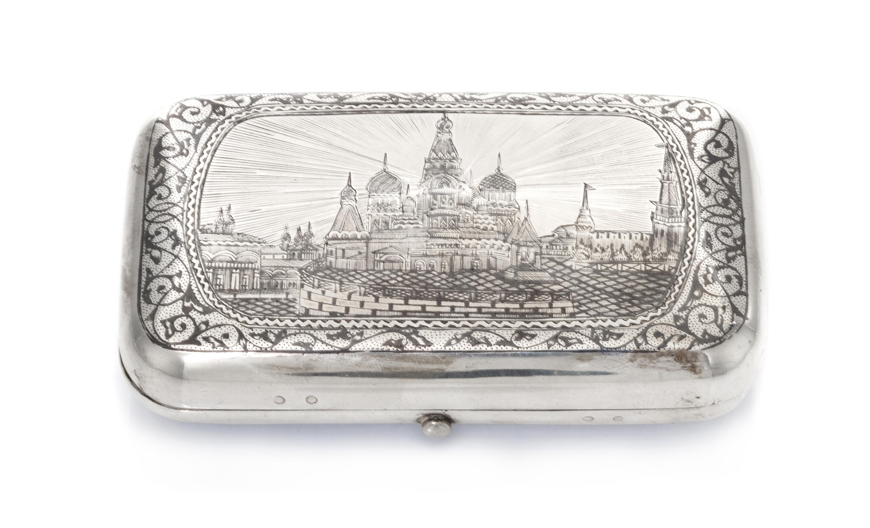 A Russian Niello Silver Cigarette Case, Maker's mark obscured, assay mark of Ivan Konstantinov, Moscow, 1875, the lid decorated with a