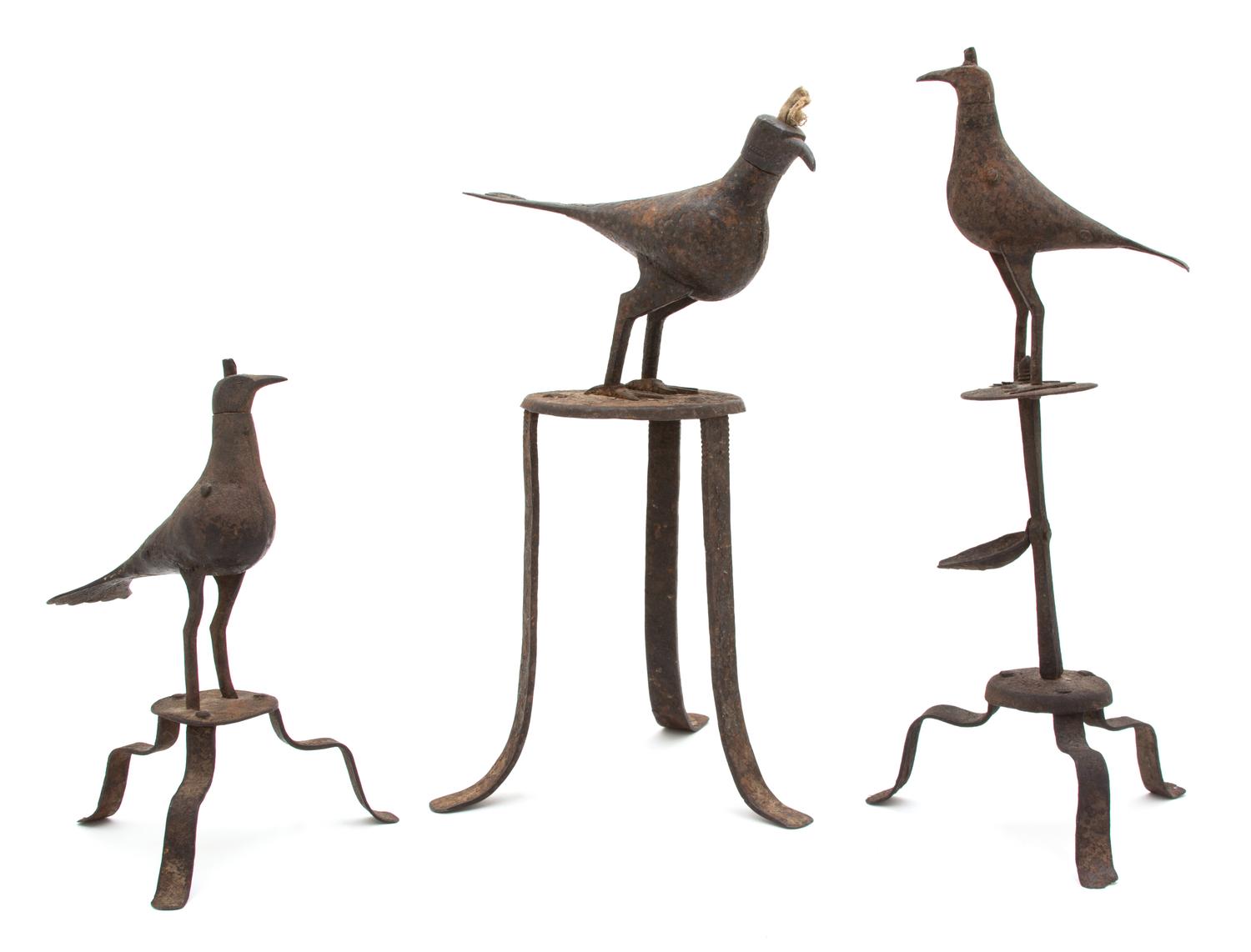 Three Middle Eastern Metal Figures of Birds Height of tallest 12 1/2 inches. — 19TH CENTURY