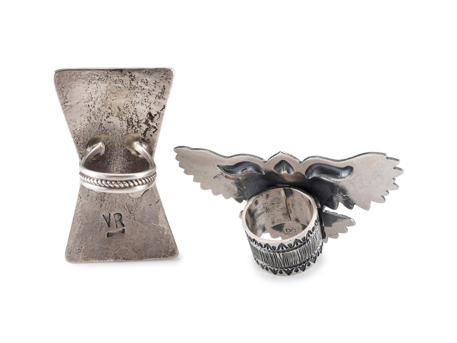 Large Avian Sterling Silver and Pilot Mountain Turquoise Ring PLUS Sterling Silver Tufa Cast Ring, with Mineral Valley Turquoise