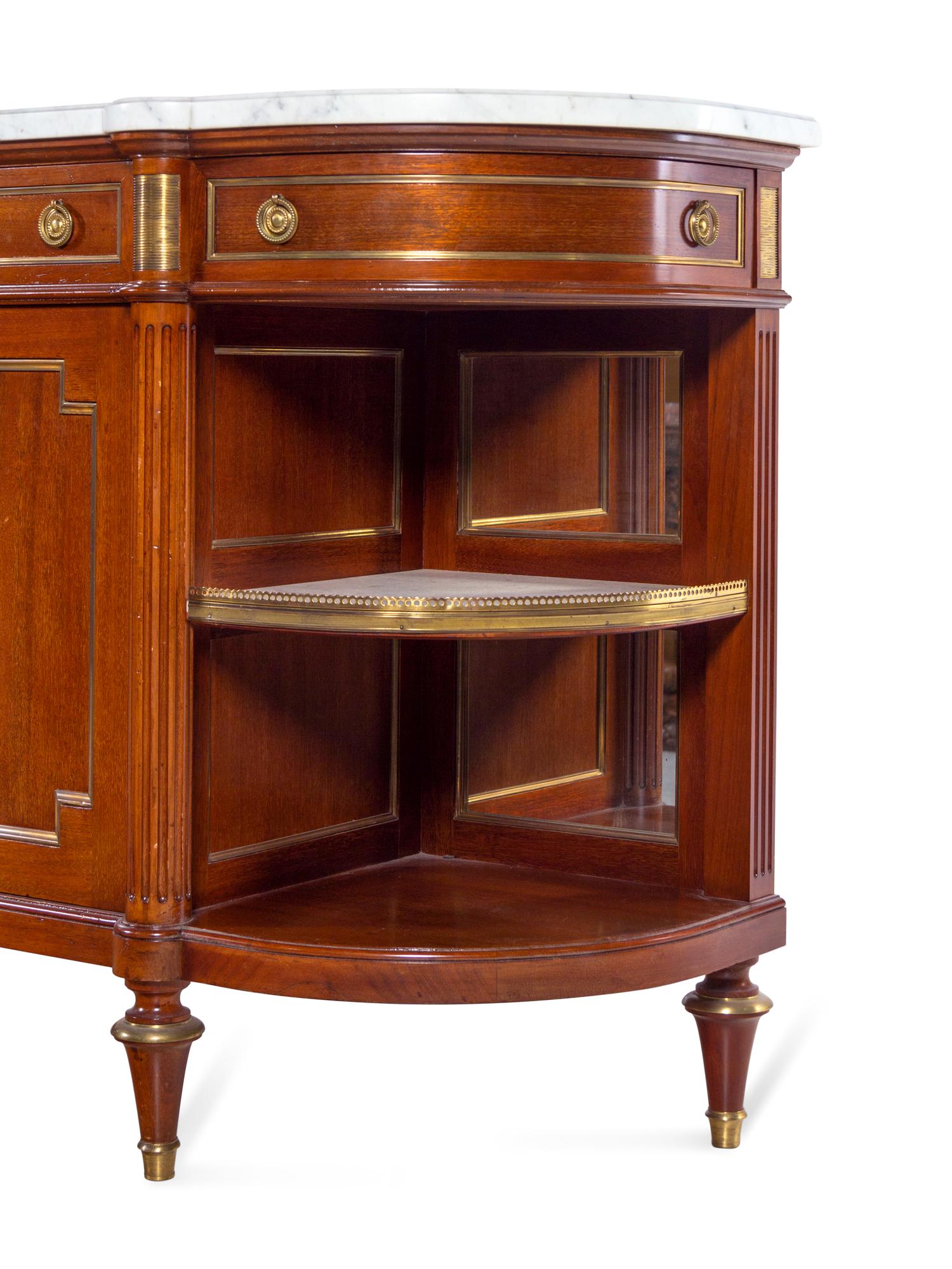 A Louis XVI Style Brass Inlaid Mahogany Marble-Top Serving Cabinet