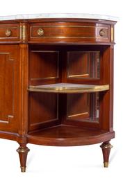A Louis XVI Style Brass Inlaid Mahogany Marble-Top Serving Cabinet