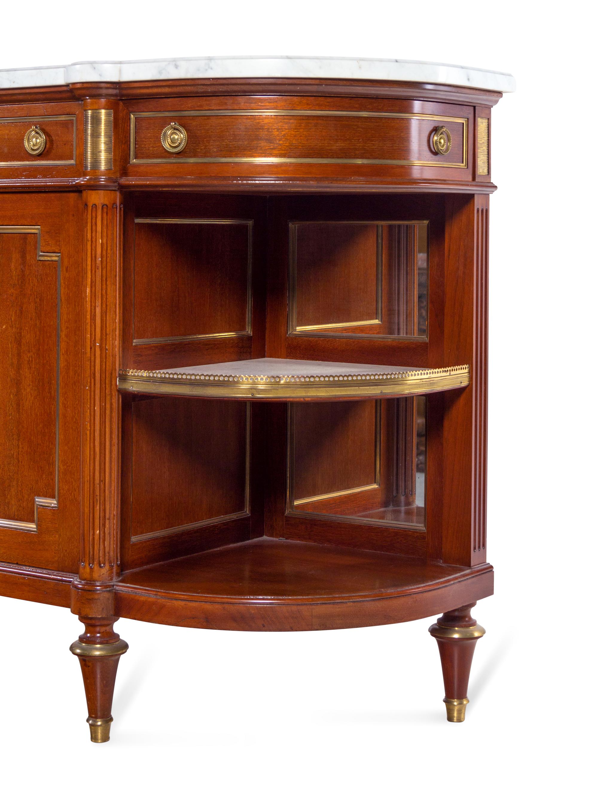 A Louis XVI Style Brass Inlaid Mahogany Marble-Top Serving Cabinet