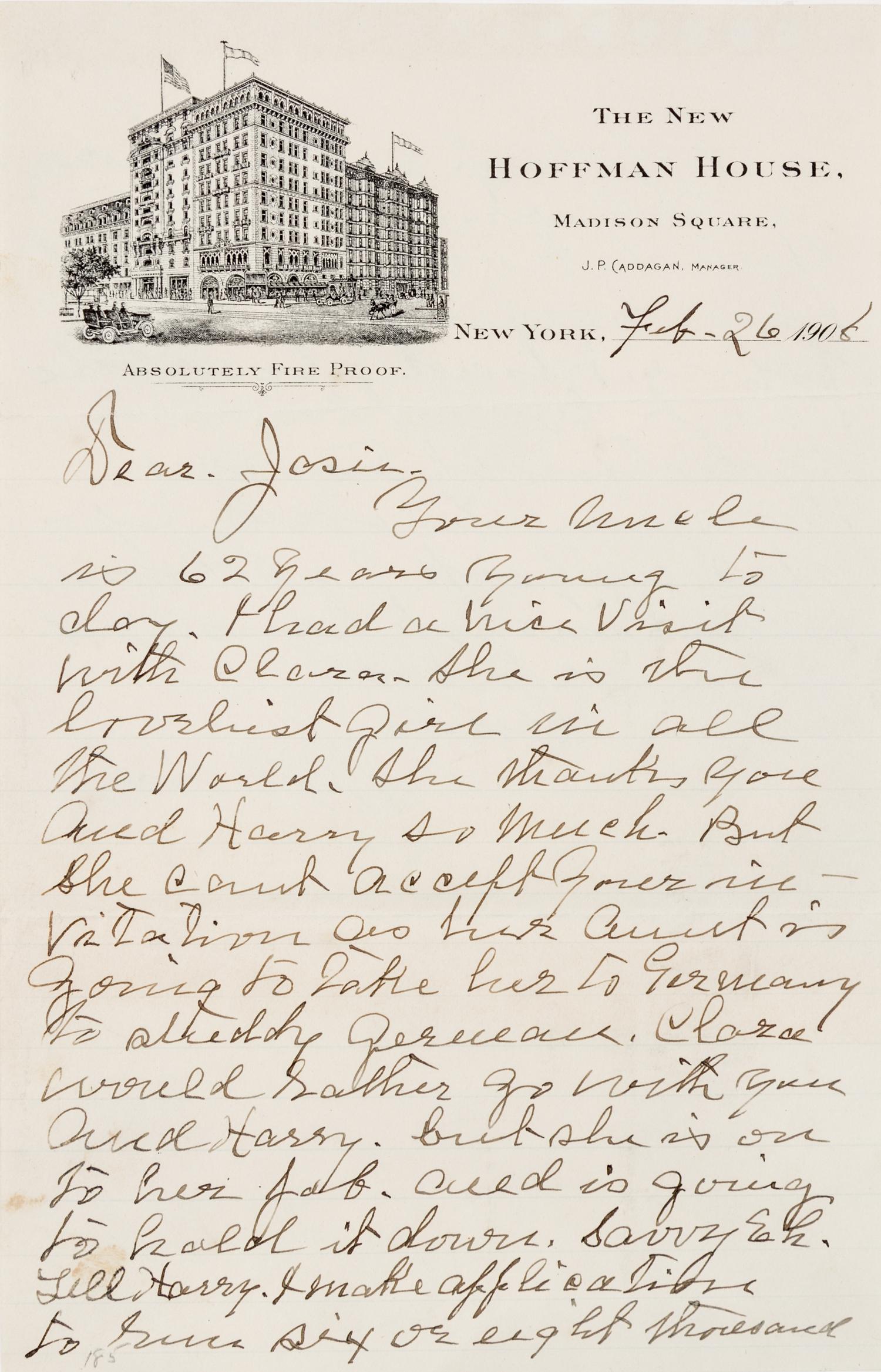CODY, William F. (1846-1917). Autograph letter signed ("Uncle Will Cody"), to his niece Josie. New York, 26 February 1908.