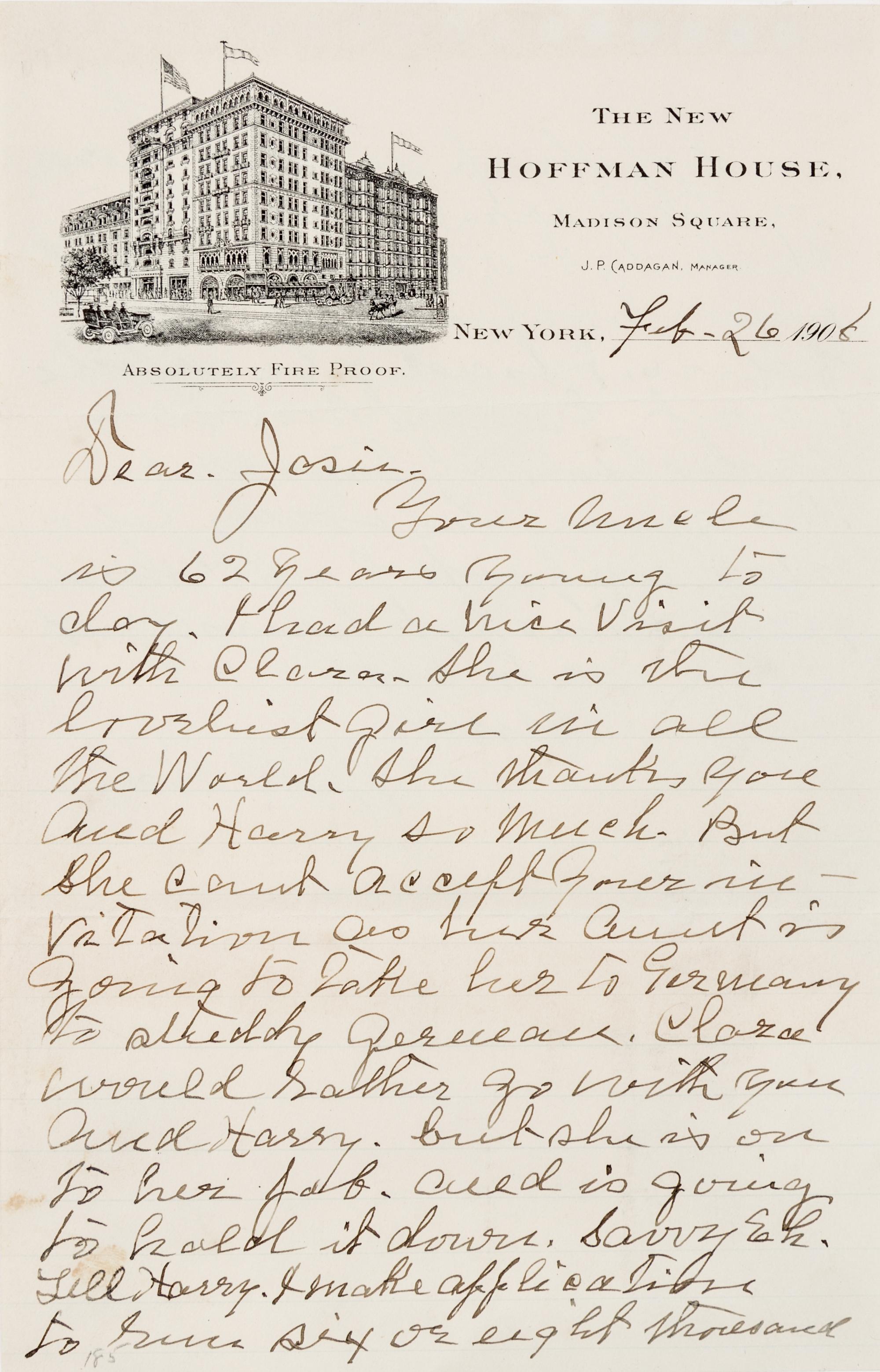 CODY, William F. (1846-1917). Autograph letter signed ("Uncle Will Cody"), to his niece Josie. New York, 26 February 1908.