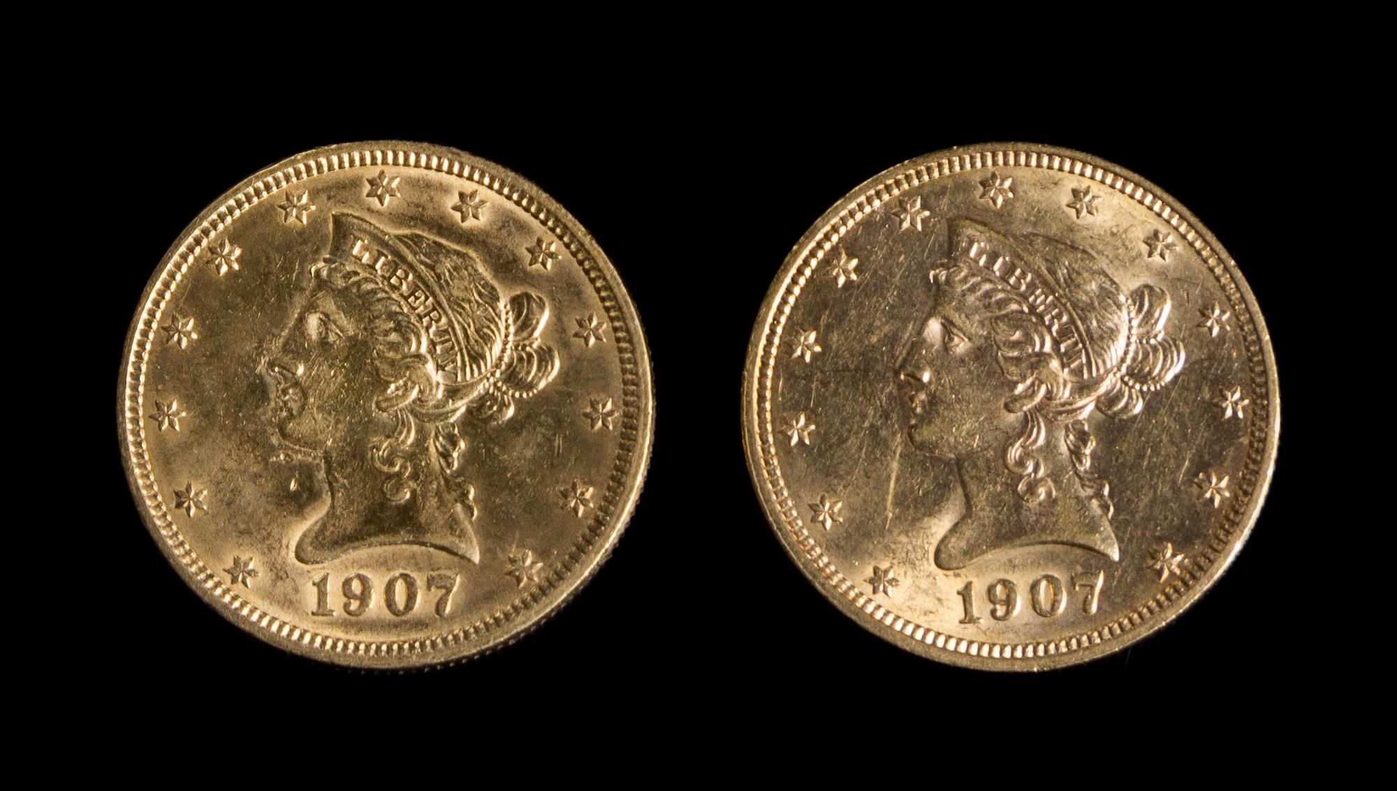 A Pair of United States 1907 Liberty Head $10 Gold Coins
