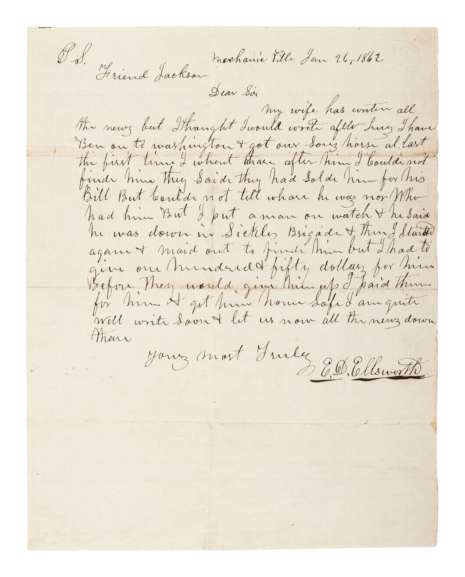 [CIVIL WAR]. ELLSWORTH, Ephraim D. ALS ("E.D. Ellsworth") regarding his fallen son, Elmer E. Ellsworth. Mechanicville, [NY], 26 January 1862. With letter from mother Phebe on reverse.