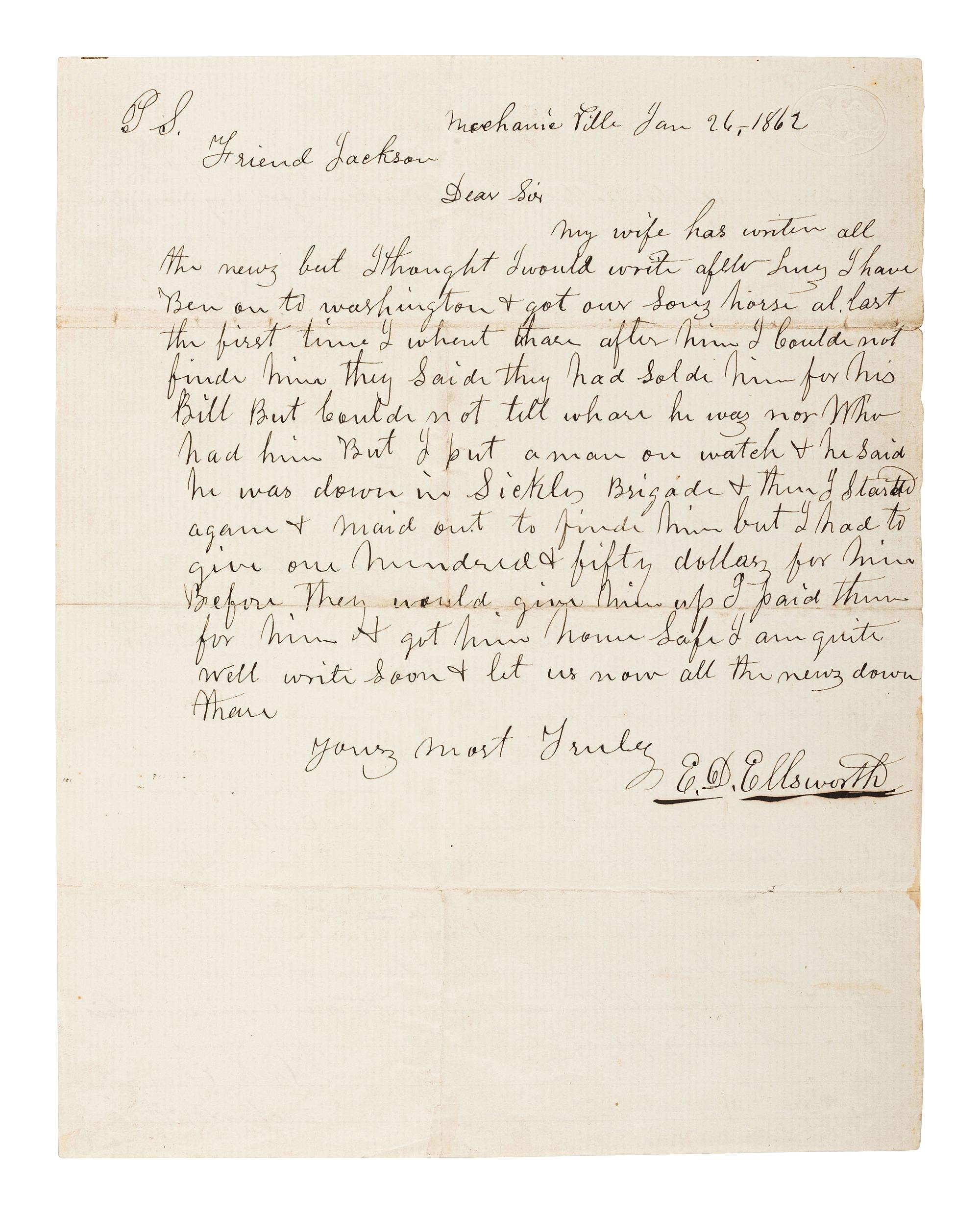 [CIVIL WAR]. ELLSWORTH, Ephraim D. ALS ("E.D. Ellsworth") regarding his fallen son, Elmer E. Ellsworth. Mechanicville, [NY], 26 January 1862. With letter from mother Phebe on reverse.