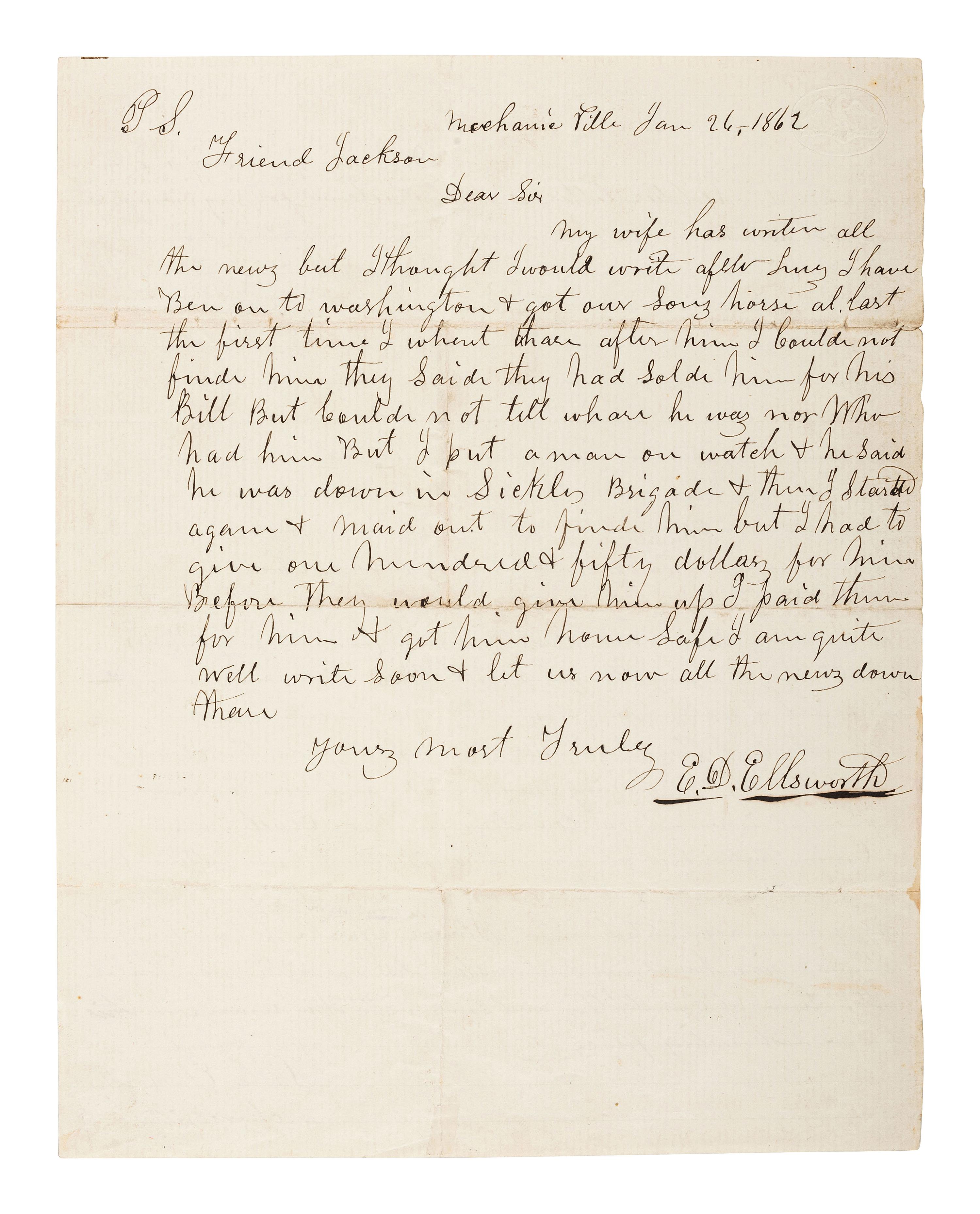 [CIVIL WAR]. ELLSWORTH, Ephraim D. ALS ("E.D. Ellsworth") regarding his fallen son, Elmer E. Ellsworth. Mechanicville, [NY], 26 January 1862. With letter from mother Phebe on reverse.