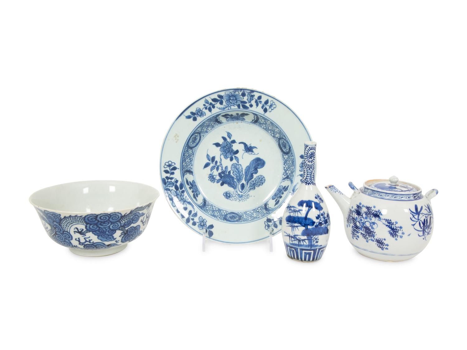 Two Chinese Export Blue and White Porcelain Bowls, a Teapot and a Bud Vase
