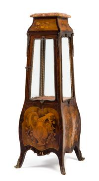 A Louis XV Style Gilt Bronze Mounted Marquetry Vitrine Height 42 x width 14 x depth 14 inches. — EARLY 20TH CENTURY
