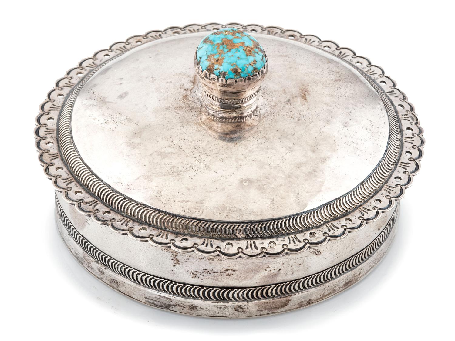 Navajo Silver Lidded Box, with Turquoise Inlaid Finial