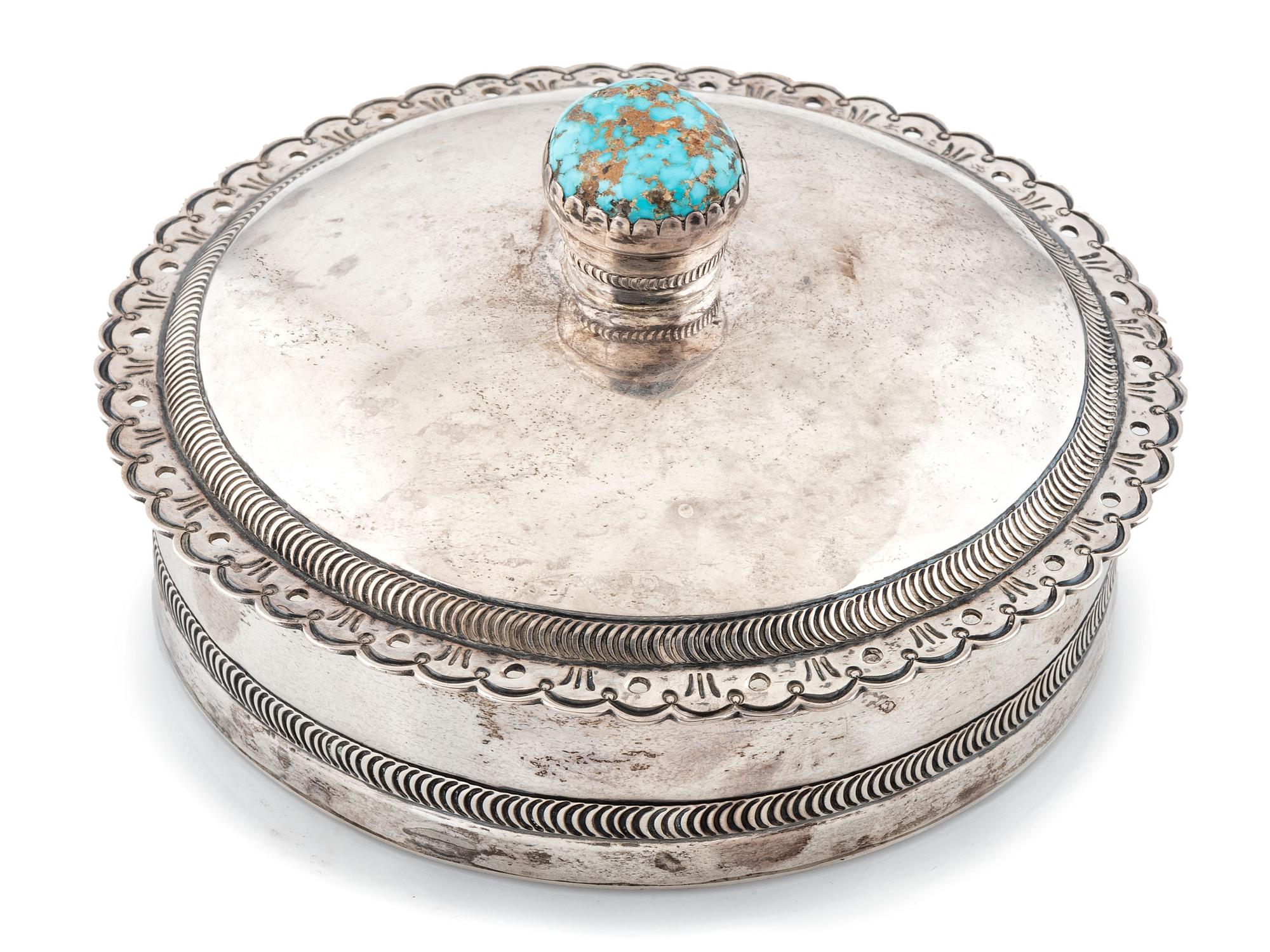 Navajo Silver Lidded Box, with Turquoise Inlaid Finial