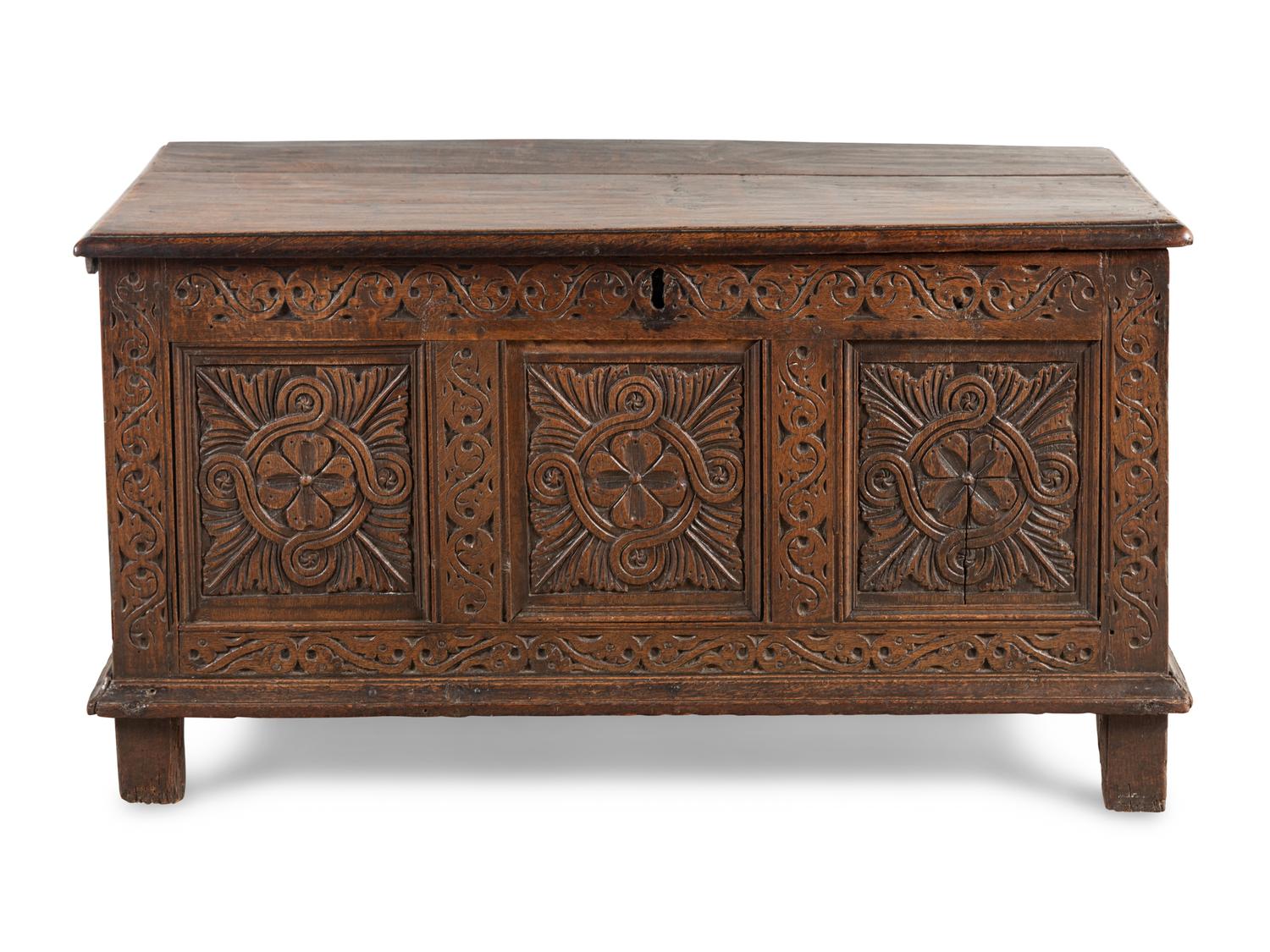 A William and Mary Carved Oak Blanket Chest