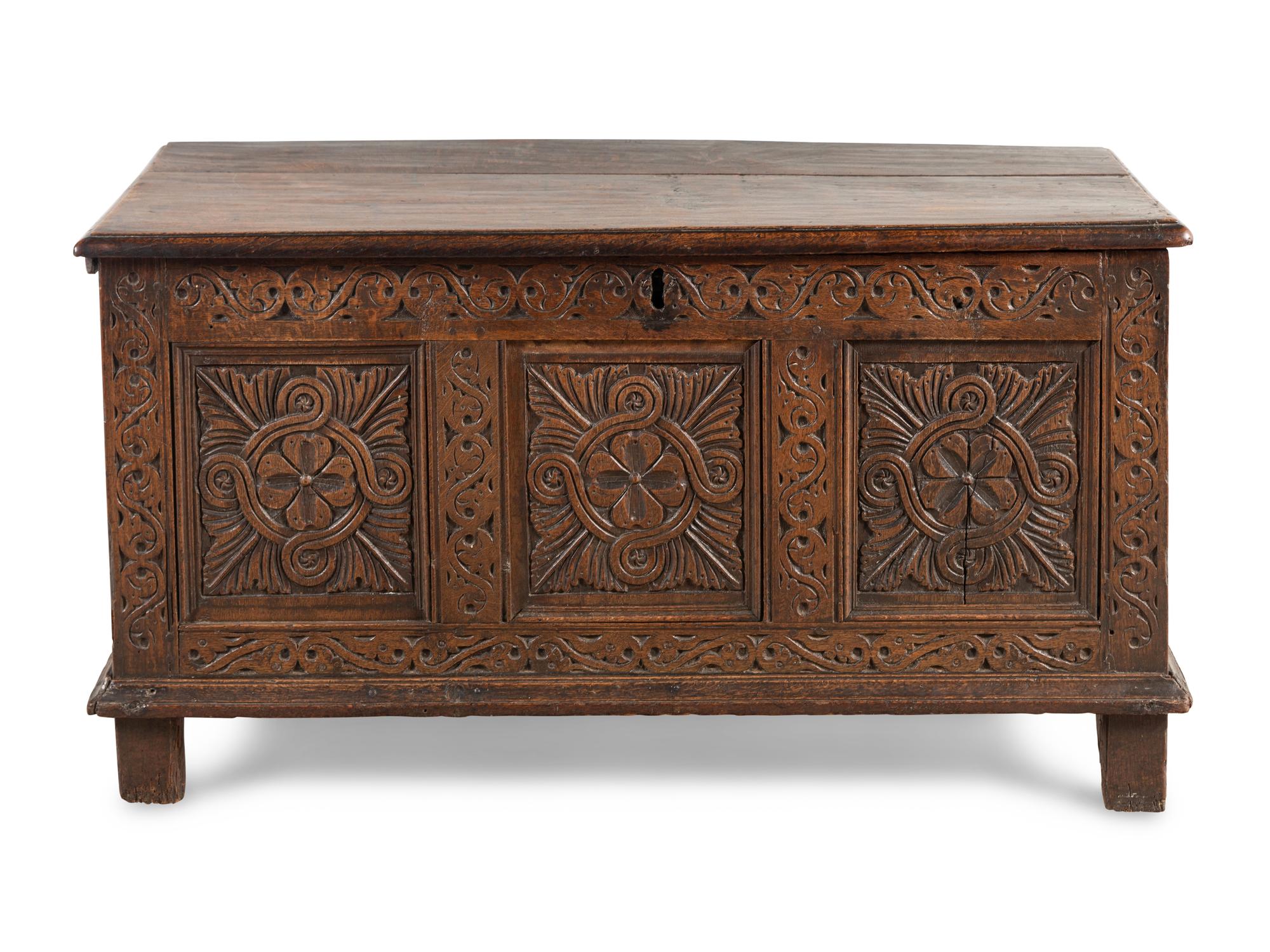 A William and Mary Carved Oak Blanket Chest