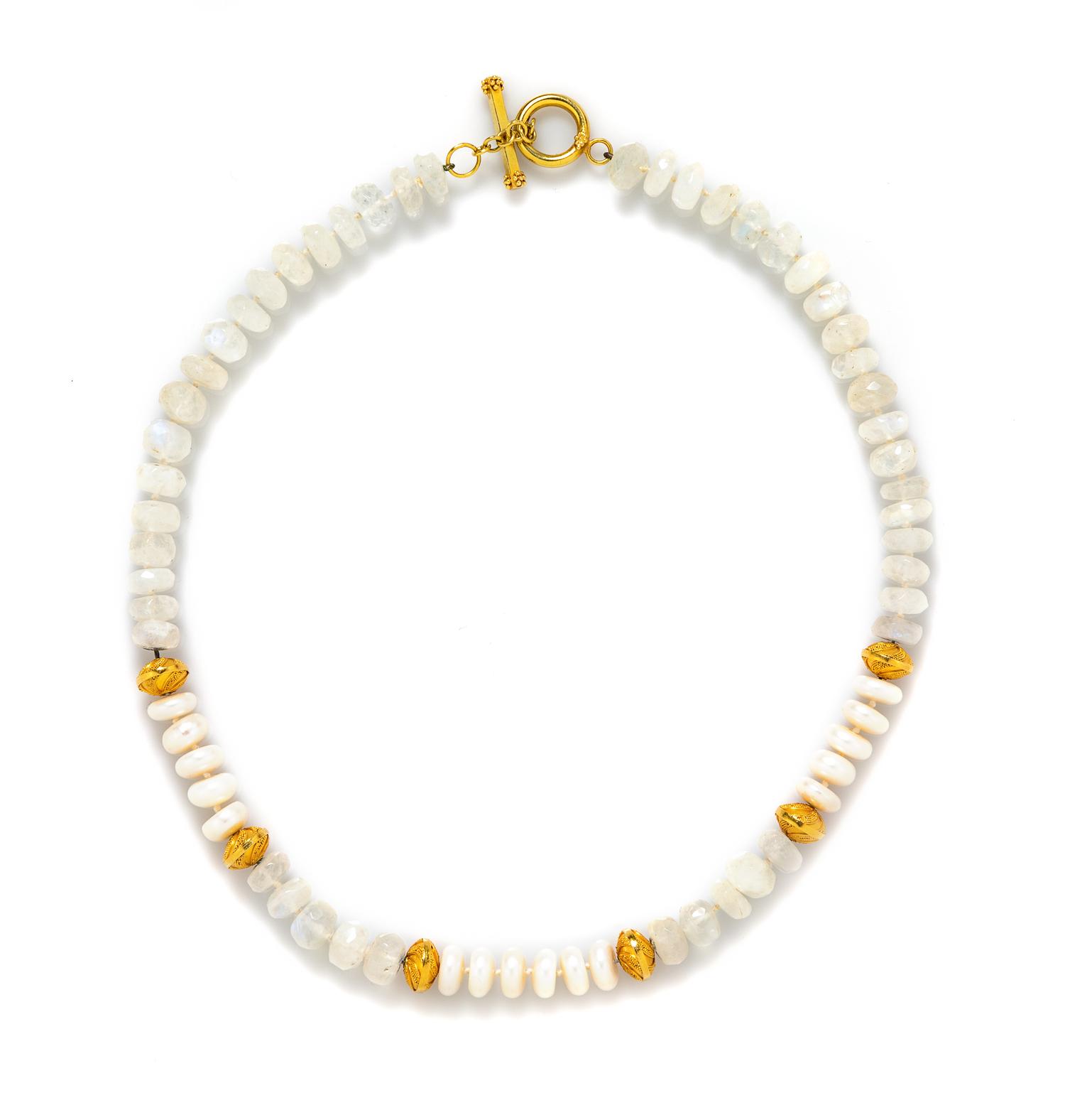 An 18 Karat Yellow Gold, Cultured Pearl and Moonstone Bead Necklace,
