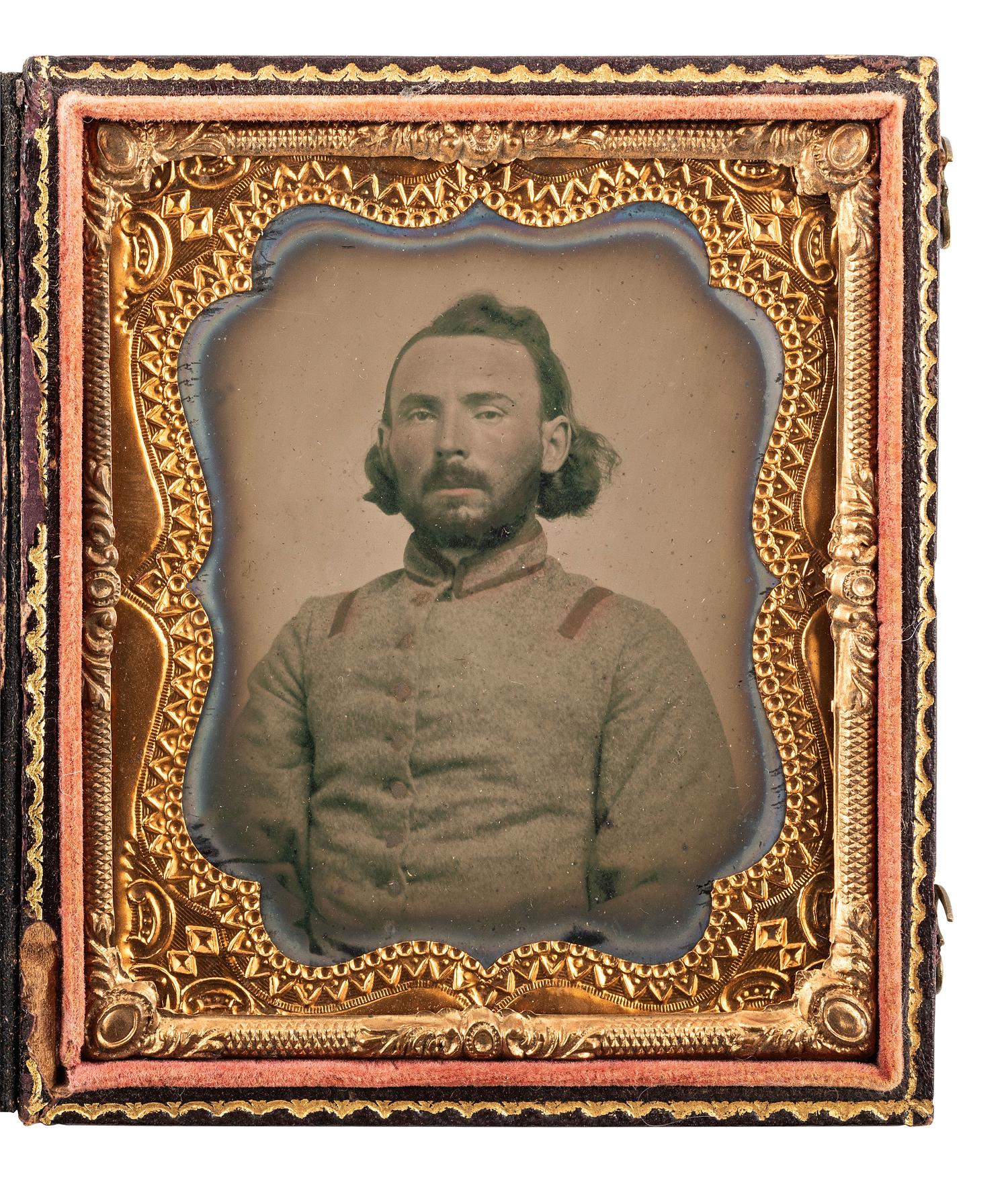 [CIVIL WAR]. Sixth plate ruby ambrotype of a bearded Confederate soldier, possibly from Alabama.