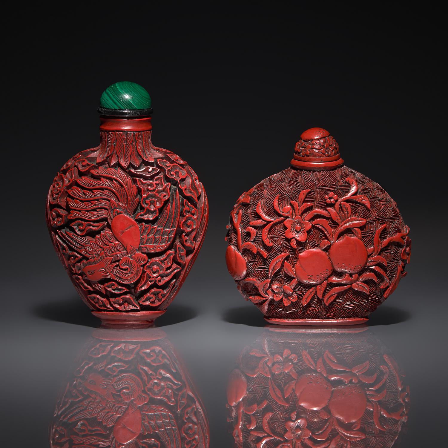 Two Chinese Cinnabar Lacquer Snuff Bottles, 18th Century — 清中期 剔紅鼻烟壺兩支